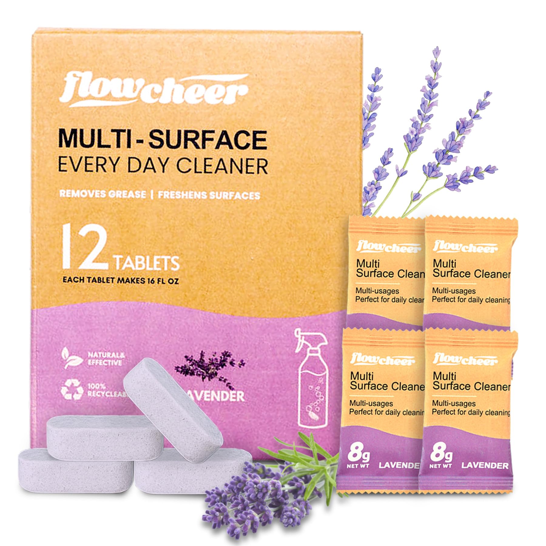 flowcheer Multi Surface Cleaner Refills -All Purpose Cleaning Tablets-Makes 192 fl oz(12 x 16 Fl oz) Bottles of Spray Cleaner for Household&Kitchen Cleaning-Lavender Scent(Not Included Bottles)
