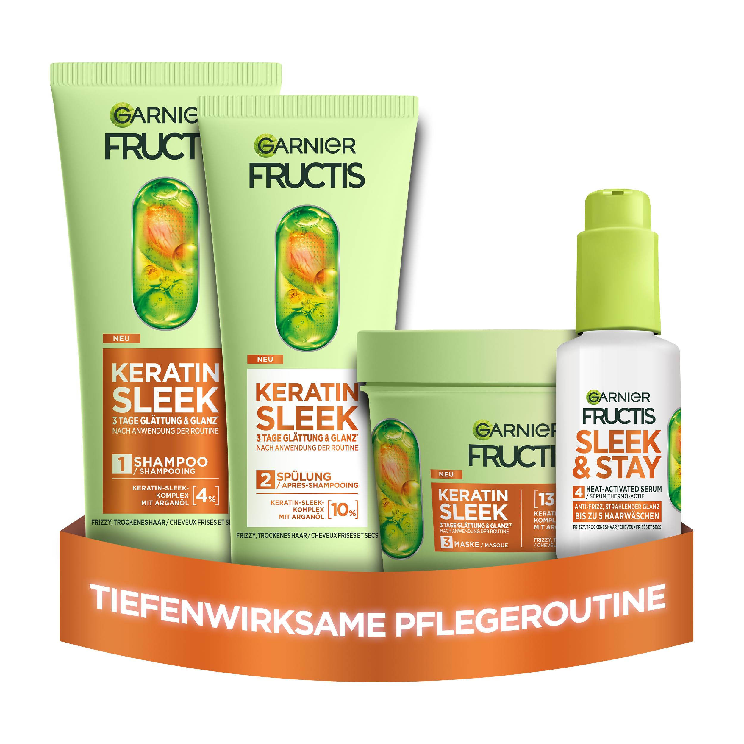 Garnier Fructis Keratin Sleek Kit de soin avec shampooing, après-shampoing, masque et sérum à l'huile d'argan et complexe kératine-leek pour cheveux secs et sujets aux frisottis
