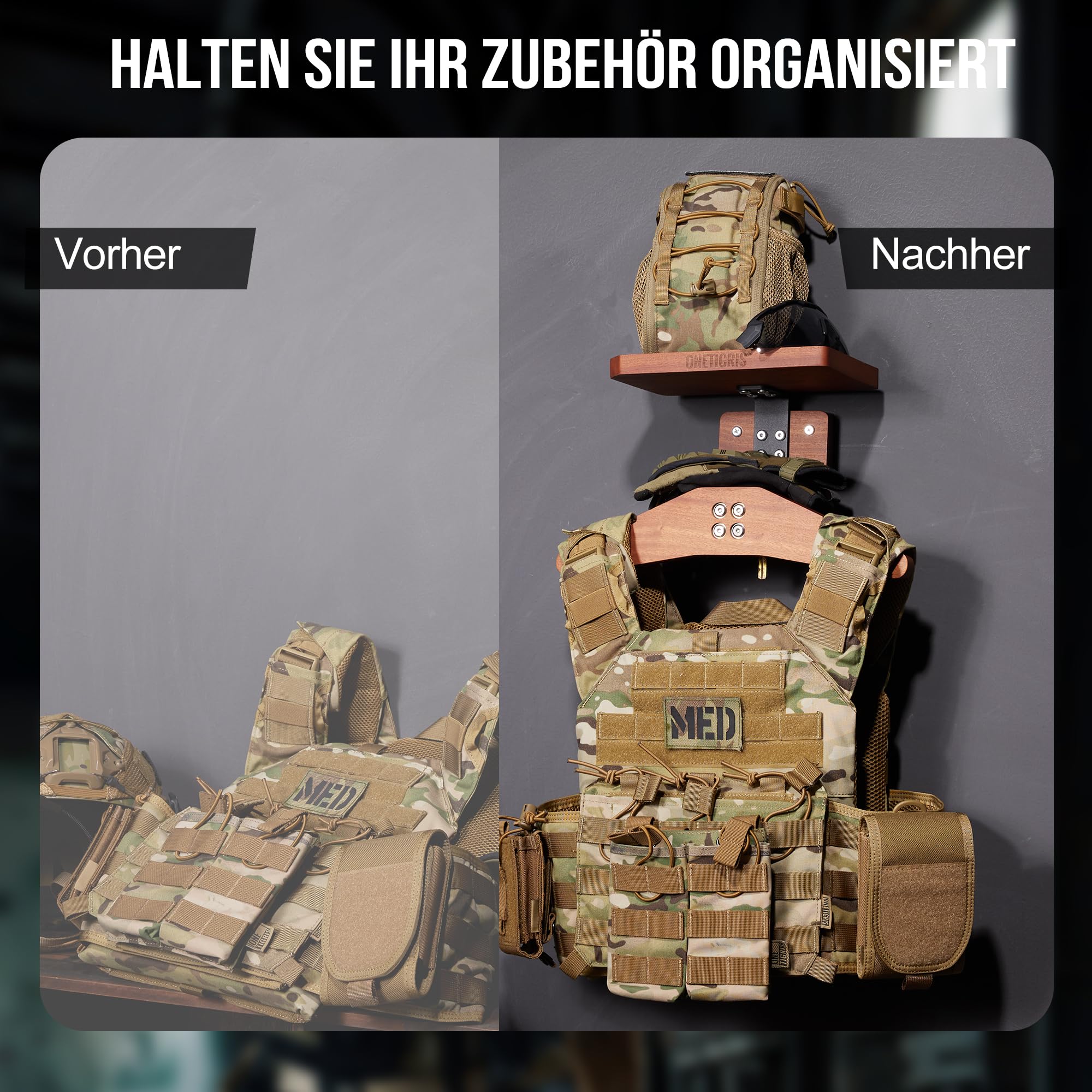 OneTigris Taktische Weste Halterung Wand 09, Wandhalterung Motorrad Garderobe für Helm Plattenträger, vielseitiger Wandorganizer für Motorrad-, Fußball- und Radfahrerausrüstung