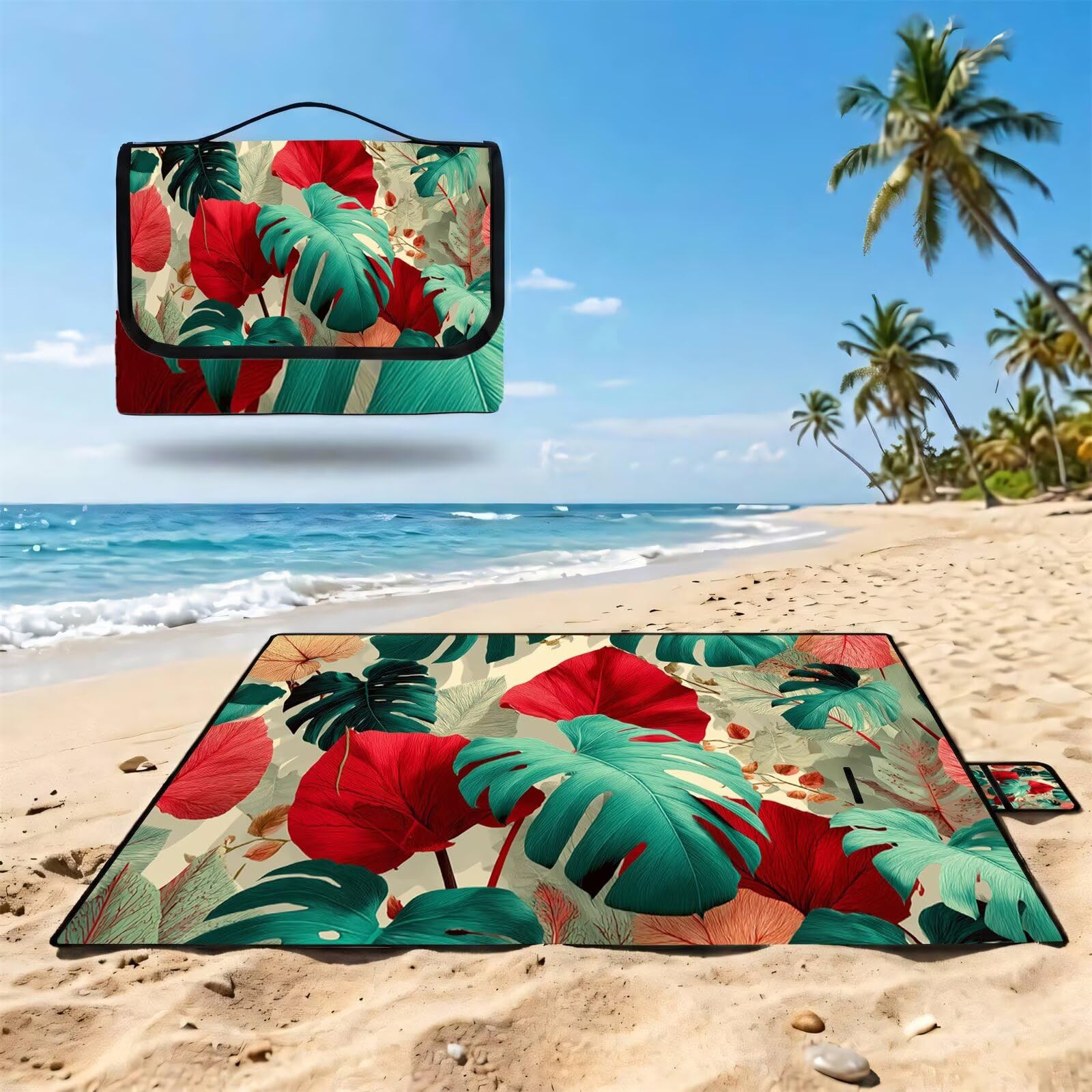 Couverture Pique Nique Grande 200x300cm,Outdoor Couverture Imperméable,Pliable Tapis de Plage Dos en PVC,Picnic Blanket pour Camping Accessoires,Jardin,Parc - Plantes Tropicales,Mignonnes UZ-775