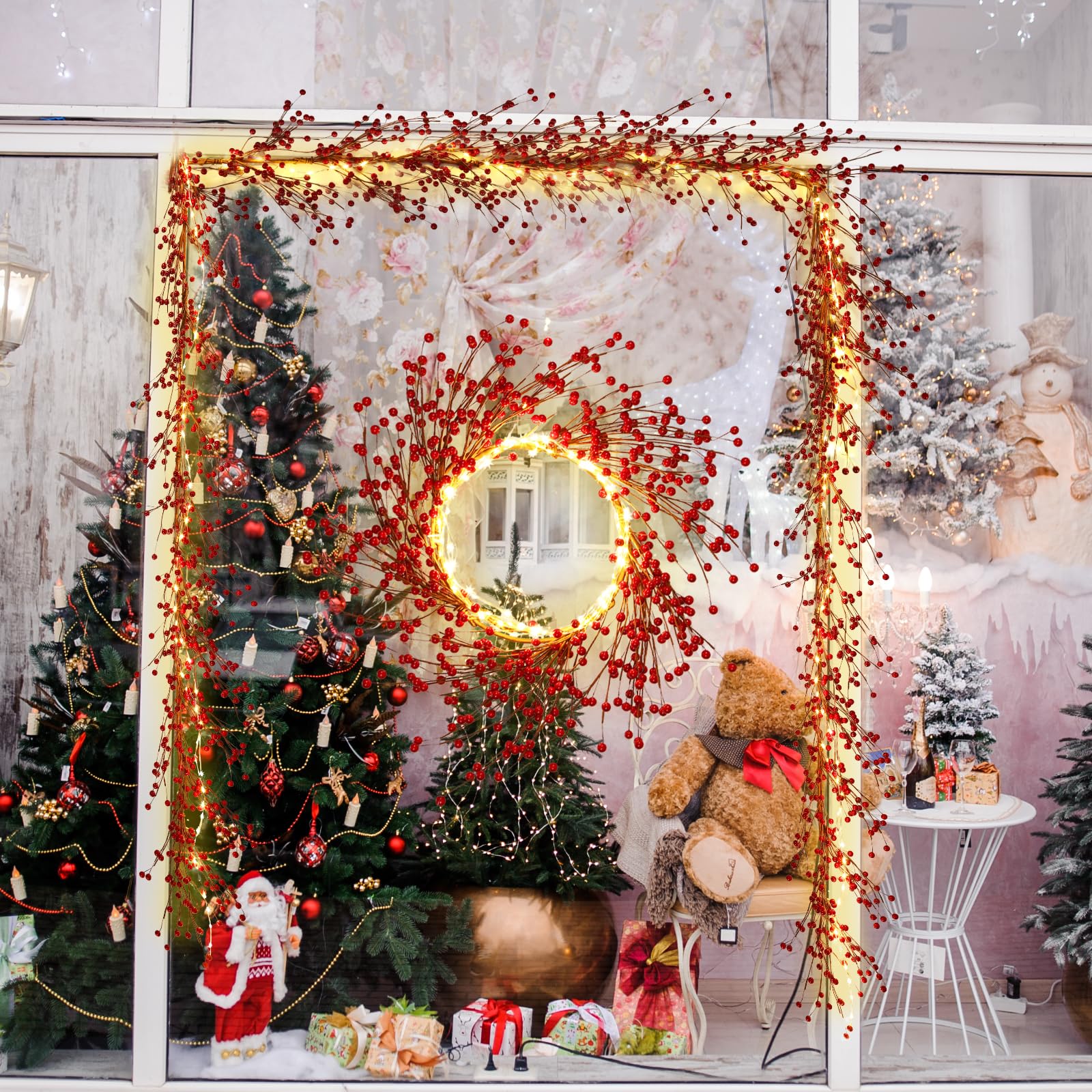 Riceshoot 2 Piece Christmas Pre-lit Berry Garland 6 ft Xmas Artificial Berry String with Light Battery Operated Bendable Stem Garland for Christmas Home Mantel Table Decor(Red)