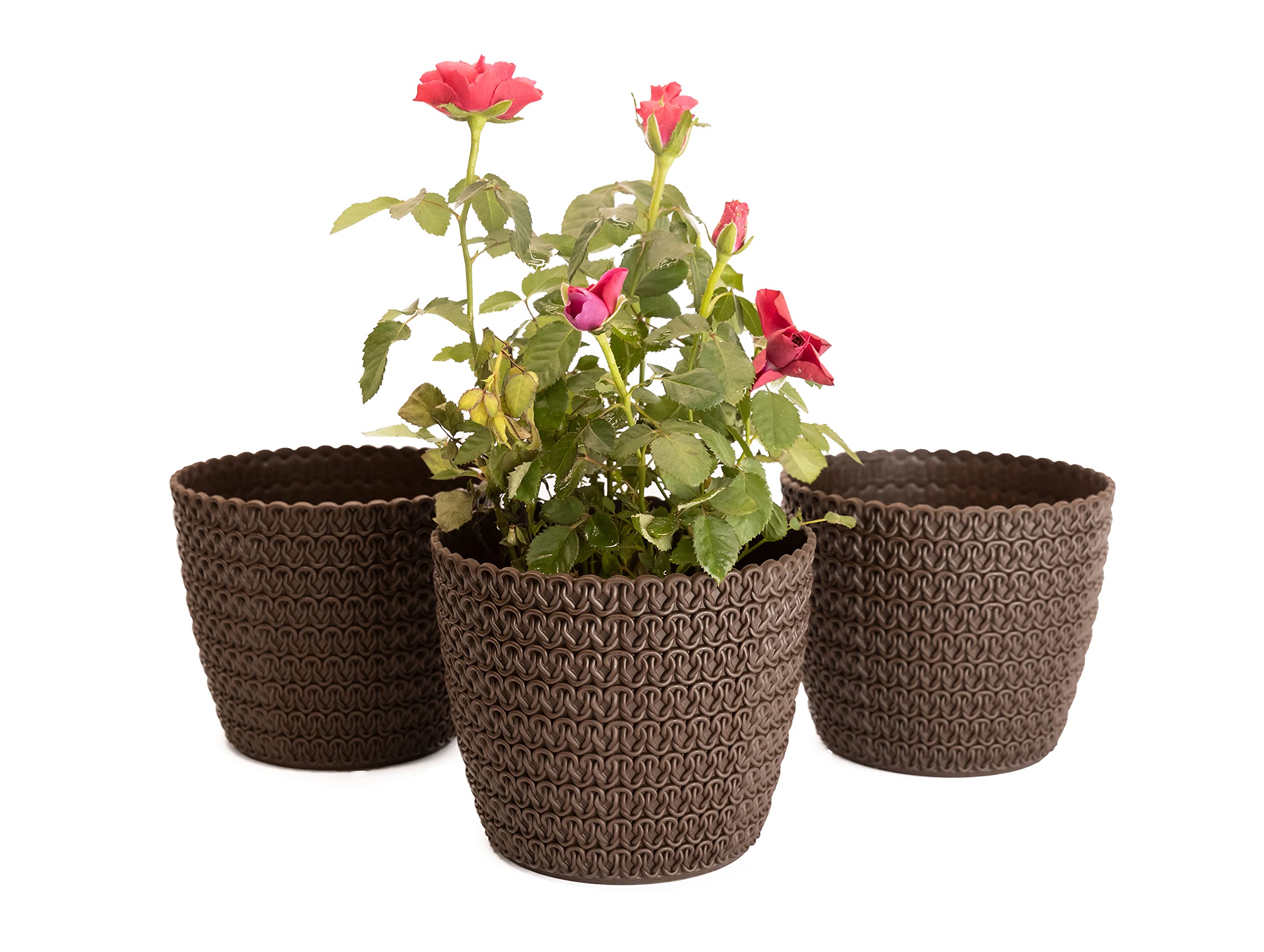 Home Garden Ornaments Plant Pots Indoor, Set of 3 Plastic Planters with Woven Effect Texture Without Drainage Holes (Mocha
