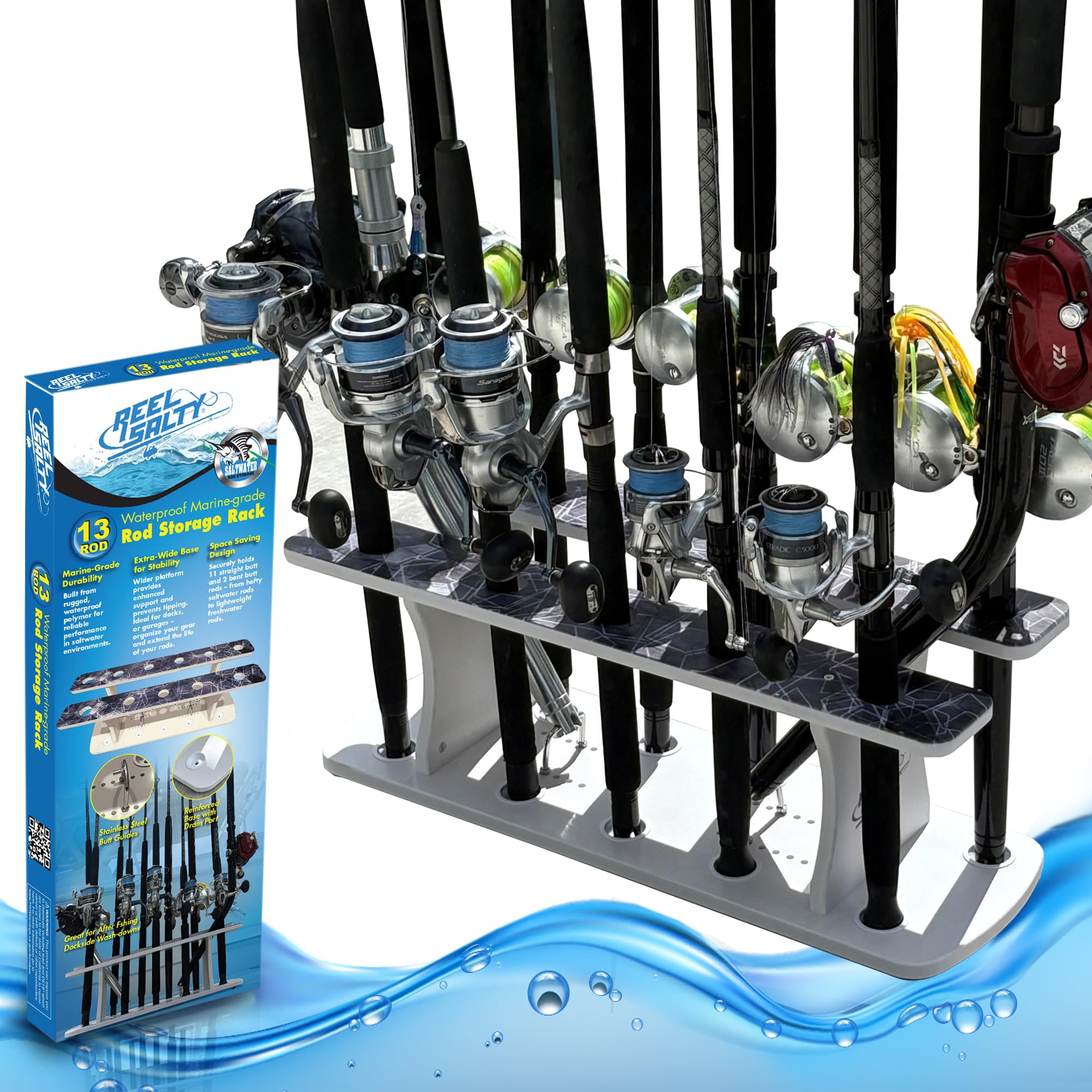 Rush Creek Creations Reel Salty Fishing Rod Holder Rack for 13 Rods – Marine Grade 2-Tier Storage Organizer, UV-Resistant Waterproof Rod Rack for