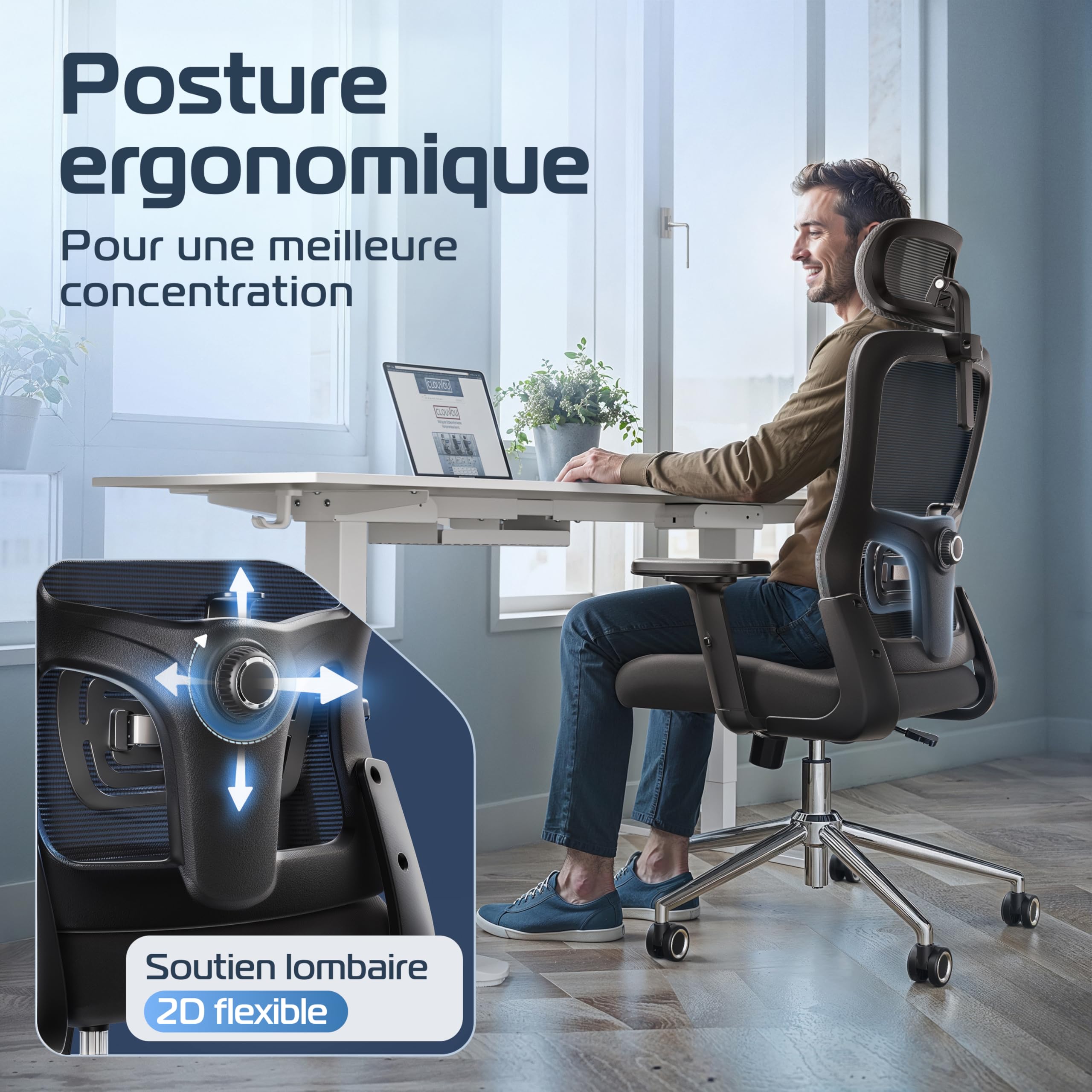 CLOUVOU Chaise Bureau Ergonomique BrightSeat [Élue N°1] Fauteuil de Bureau & Chaise Gaming | Charge maximale 150kg (Noir)