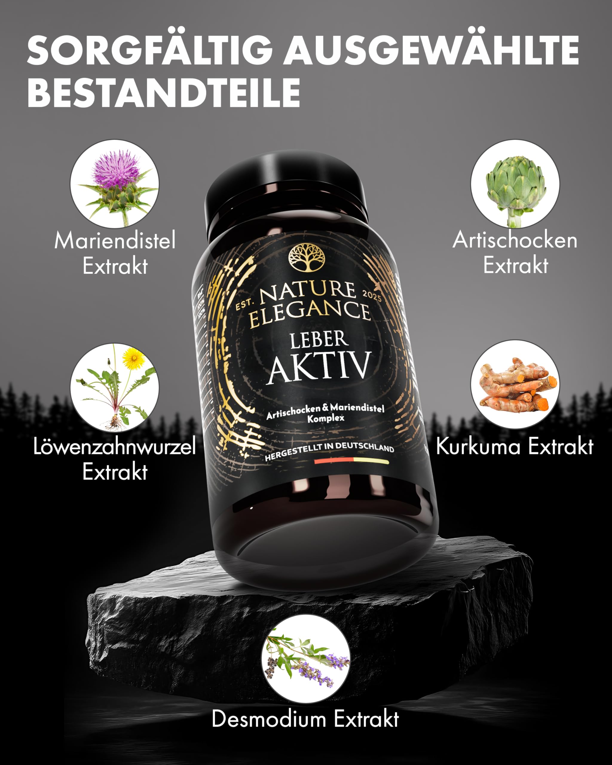 NATURE ELEGANCE Leber Komplex – Hochdosierte Mariendistel Kapseln mit Artischocke, Löwenzahn, Curcuma, Desmodium & Cholin – Vegan & laborgeprüft - produziert in Deutschland