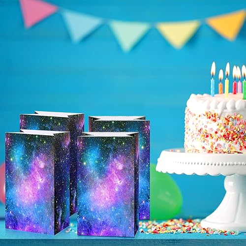 Miniatura 6 de Containlol Paquete de 28 bolsas de papel para recuerdos de fiesta de galaxia, bolsas de dulces con estampado de galaxia espacial, bolsas de