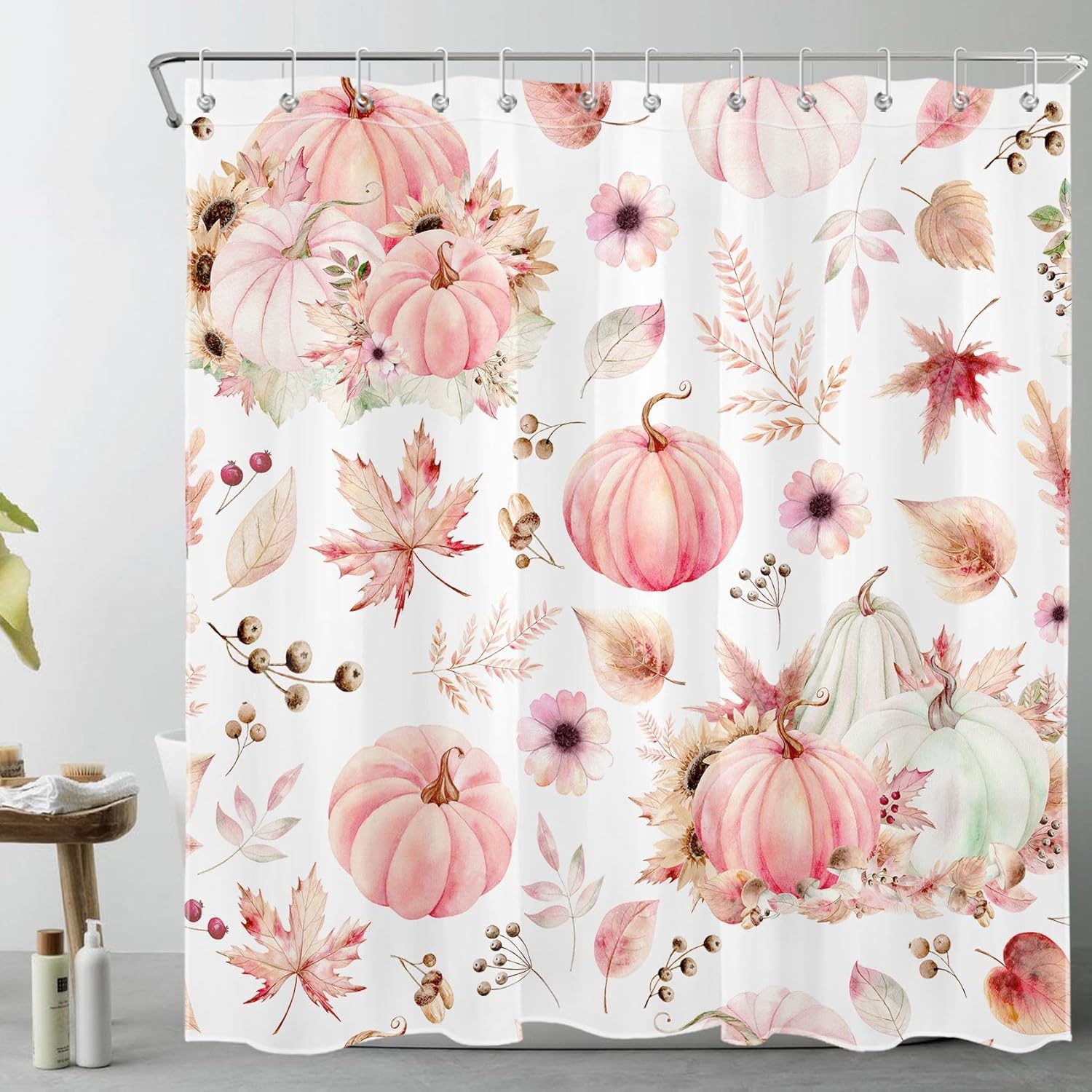 Pink Fall Shower Curtain Set Watercolor Pumpkin and Sunflower with Leaves Shower Curtains with 12 Hooks and Memory Foam Bathroom Rugs Autumn Rustic Plant Washable Bath Curtains Shower Set