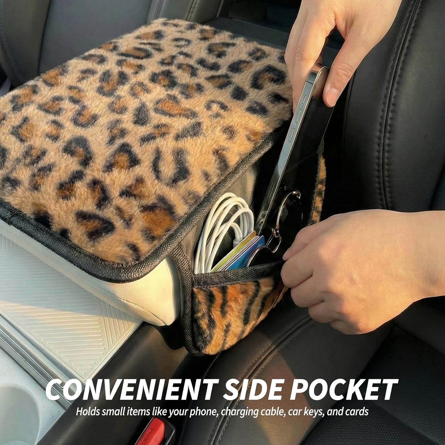 Plush Animal Print Car Center Console Cover with Side Pockets, Fluffy Armrest Cushion Pad.,Soft Car Interior Accessories with Storage for Women. Universal Fit for Vehicles SUV Truck (Leopard Print)