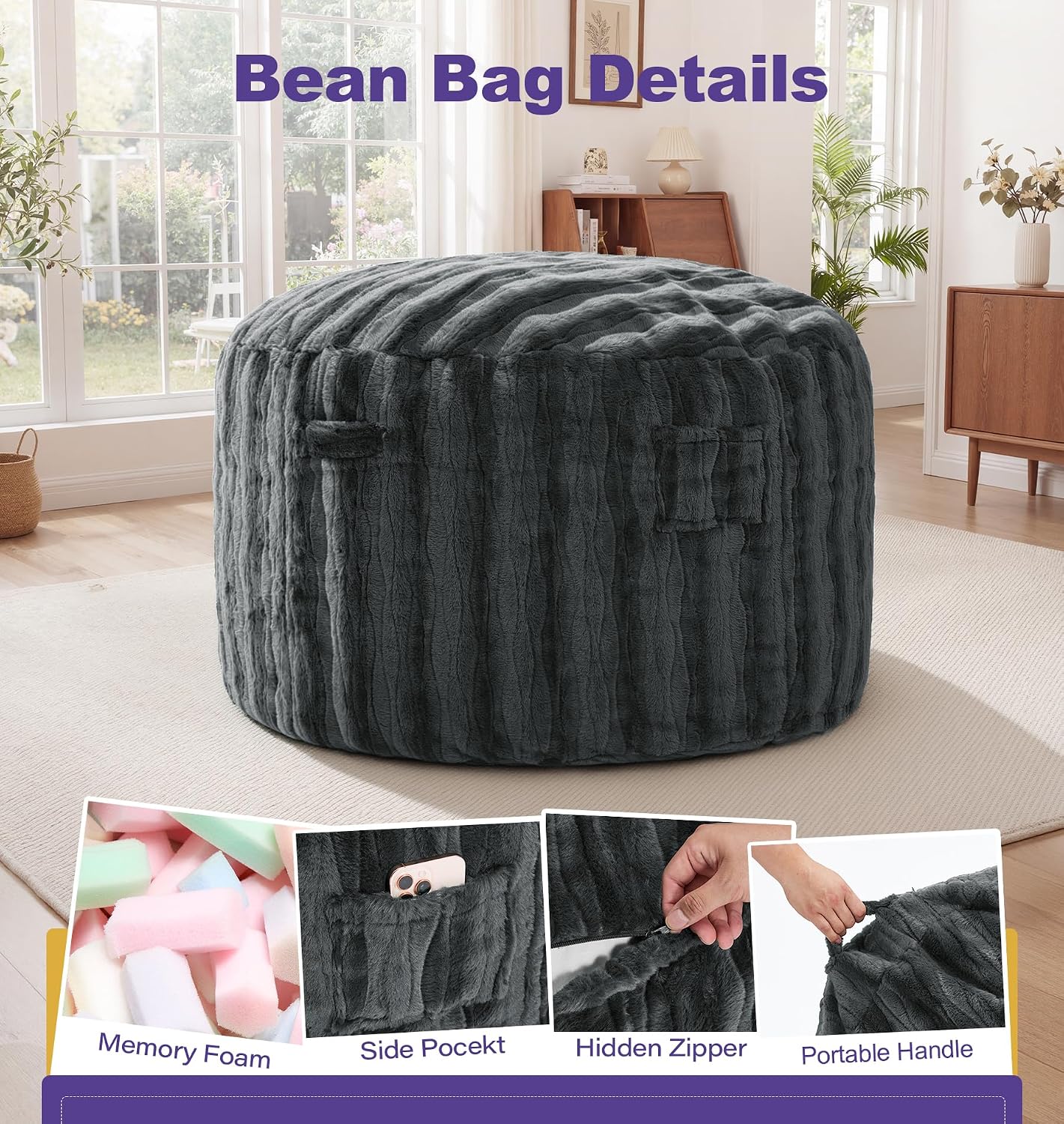 fond + found Adult Bean Bag Chairs 3FT Large Lounger, Wave Cover, Grey image 3