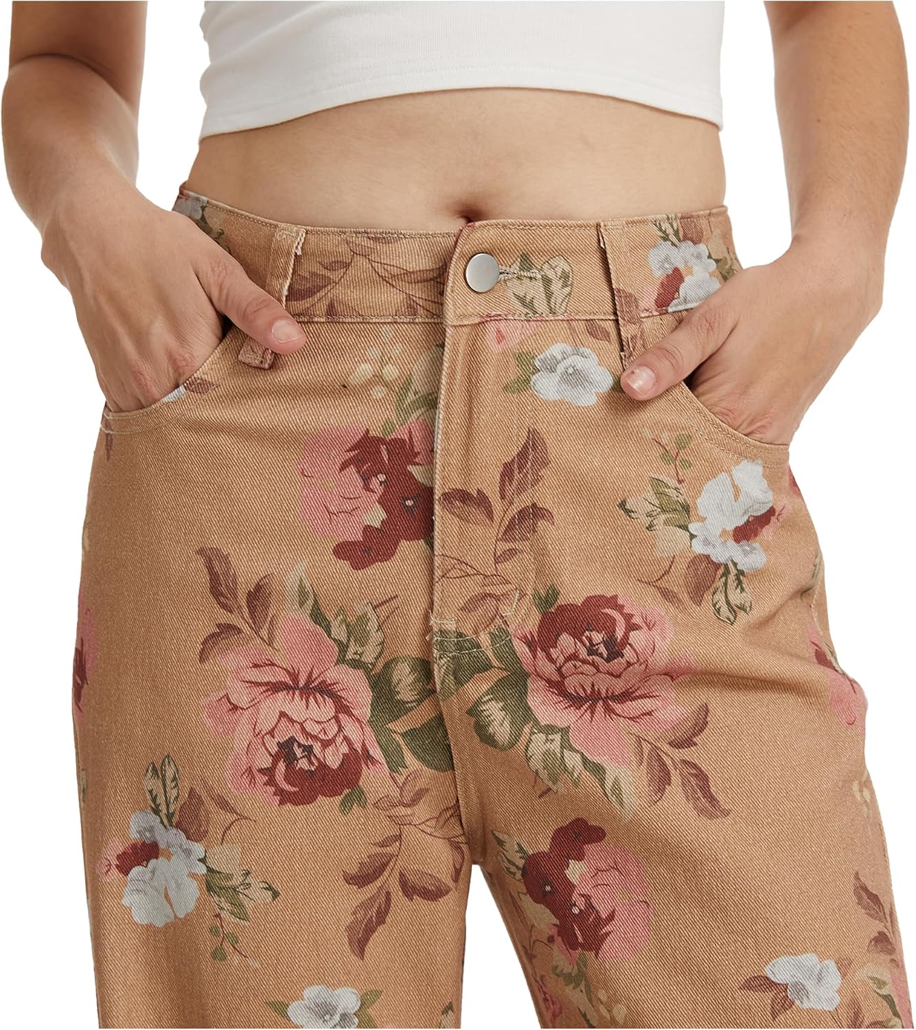 Vintage Floral Jeans for Women 90s High Rise Wide Leg Casual Stretchy Denim Pants Trendy Pantalones De Mujer