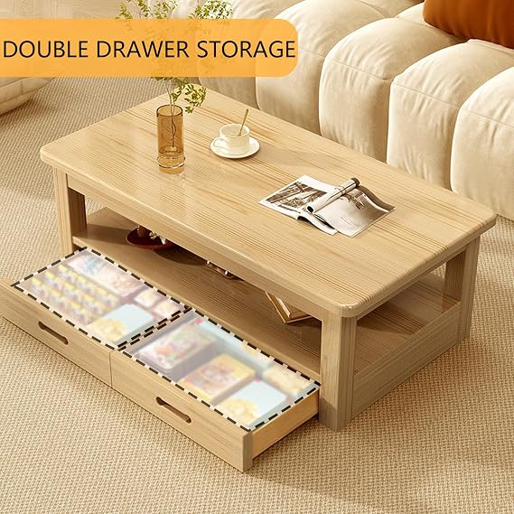 Rectangle Solid Wood Coffee Tables for Living Room,Farmhouse Rectangular Coffee Tables with Open Storage,Tea Table with Drawers,Rustic Center Table for Small Space,Teak