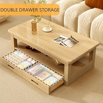 Rectangle Solid Wood Coffee Tables for Living Room,Farmhouse Rectangular Coffee Tables with Open Storage,Tea Table with Drawers,Rustic Center Table for Small Space,Teak