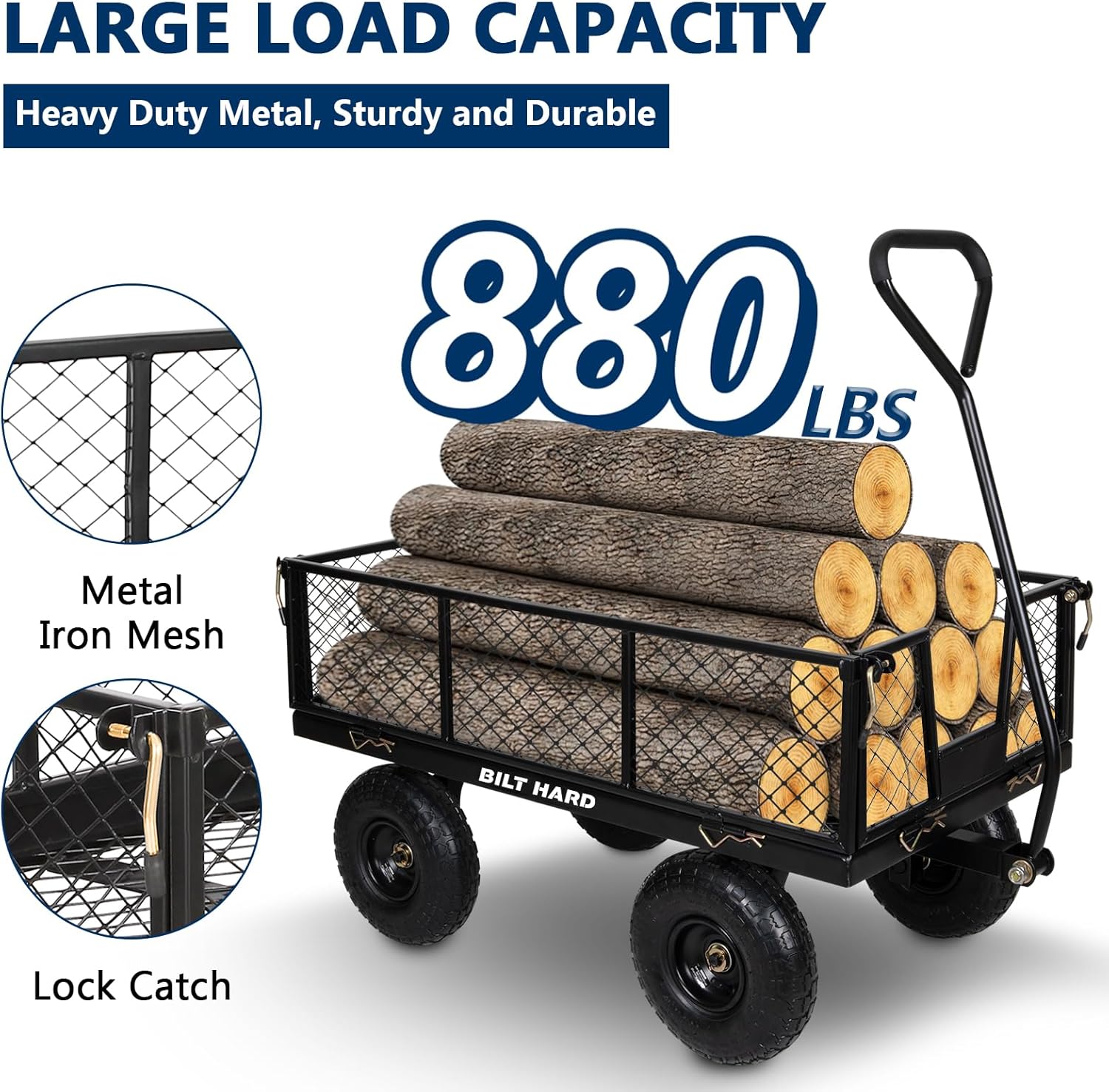 BILT HARD Heavy Duty 880 Lbs Capacity Mesh Steel Garden Cart, 4 Cu.Ft Heavy Duty Garden Cart with 180° Rotating Handle, Removable Sides, All Terrain Wheels, Capacity Utility Steel Wagons for Yard