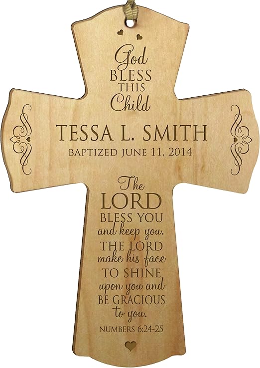 LifeSong Milestones Personalized Baptism 1st Holy Communion Christening Wall Cross Decoration God Bless This Child The Lord Bless You and Keeps You (4.5" x 6", Maple)