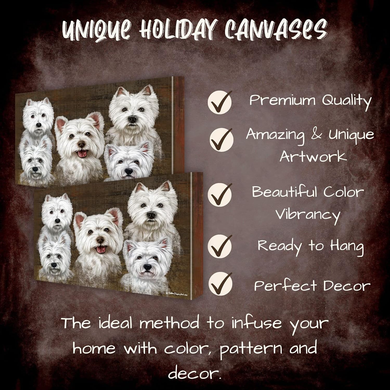 Rustic 5 Heads with West Highland Terrier Dogs Canvas Wall Art - Premium Quality Ready to Hang Room Decor - Black Floating Framed 16" x 24"