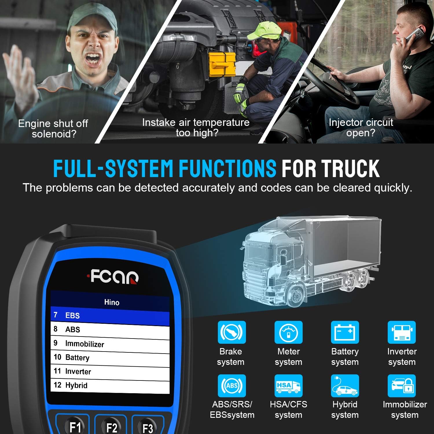 FCAR F506 displaying full system functions for trucks