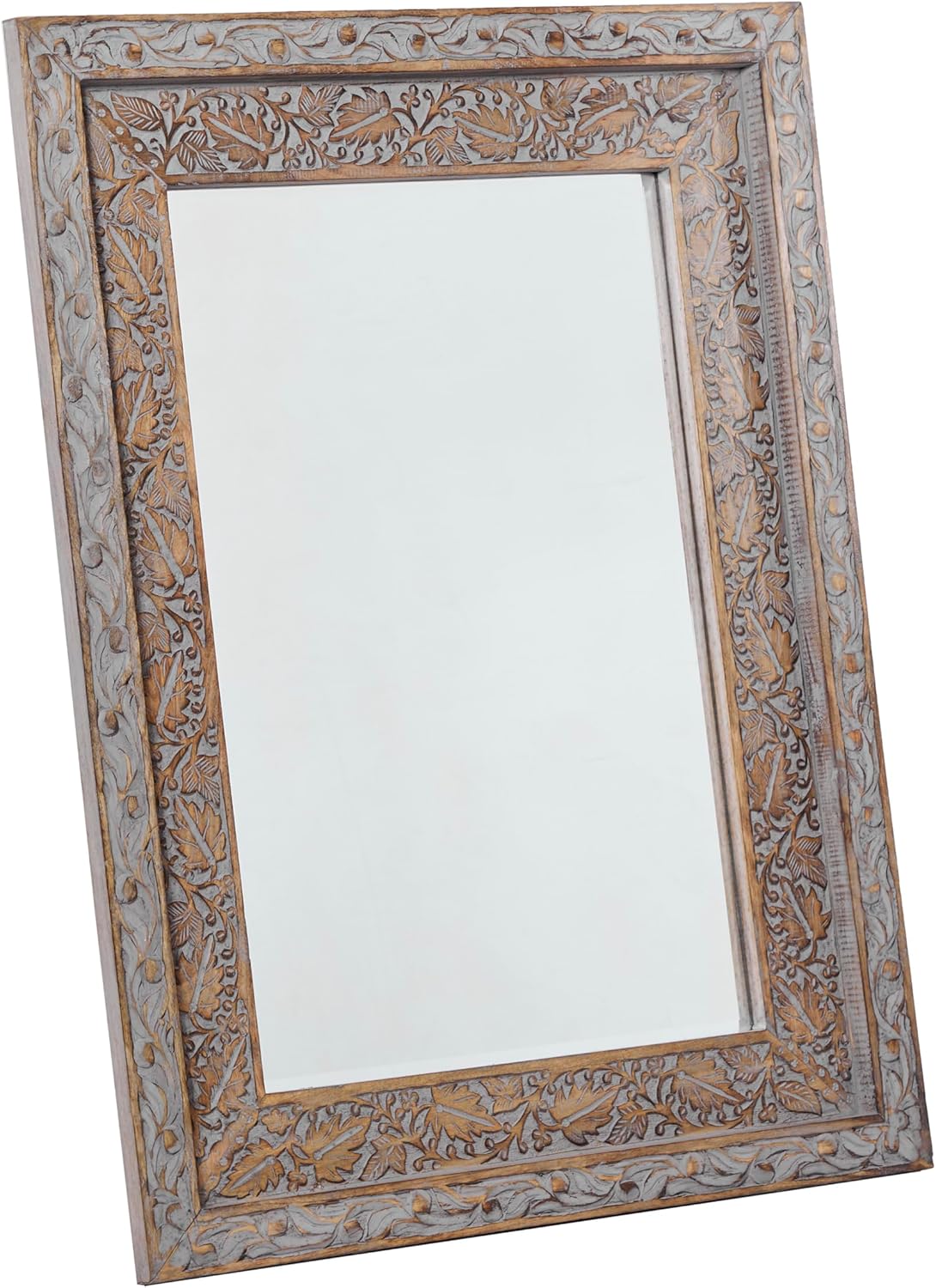 Deco 79 Wood Floral Handmade Room Wall Mirror Intricately Carved Entryway Mirror, Wall Mounted Mirror 36" x 3" x 48", Gray