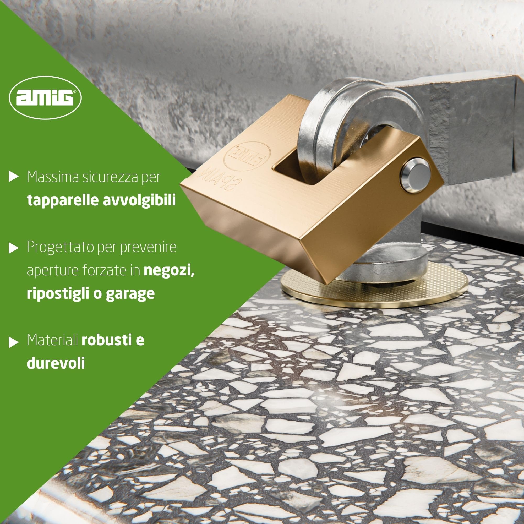 Amig - Chiusura di Sicurezza per Serrande Avvolgibili, Mod SBL-01, Acciaio Zincato, Compatibile con Lucchetti 200-75 e 201-60, Include Supporto di Chiusura