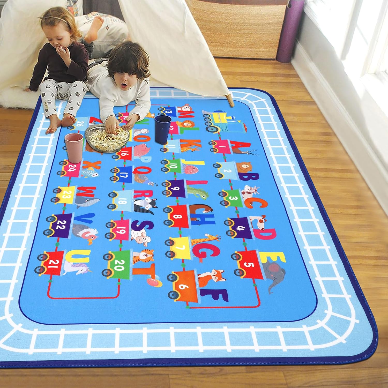 Kids Rugs for Playroom 5x7Ft,Boys Room Rug,Non Slip Blue Train Rug Educational Classroom Floor Carpet Car Play Mat for Toddlers Bedroom Kids Room