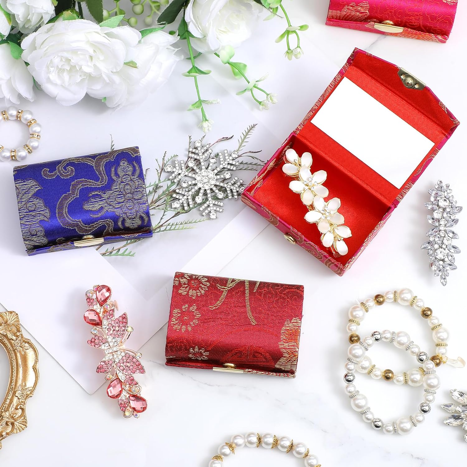 12PCS Lipstick Case with Mirror Bulk Small Lipstick Holder Storage Box Mini Portable Double Branch Floral Jewelry Cosmetic Case