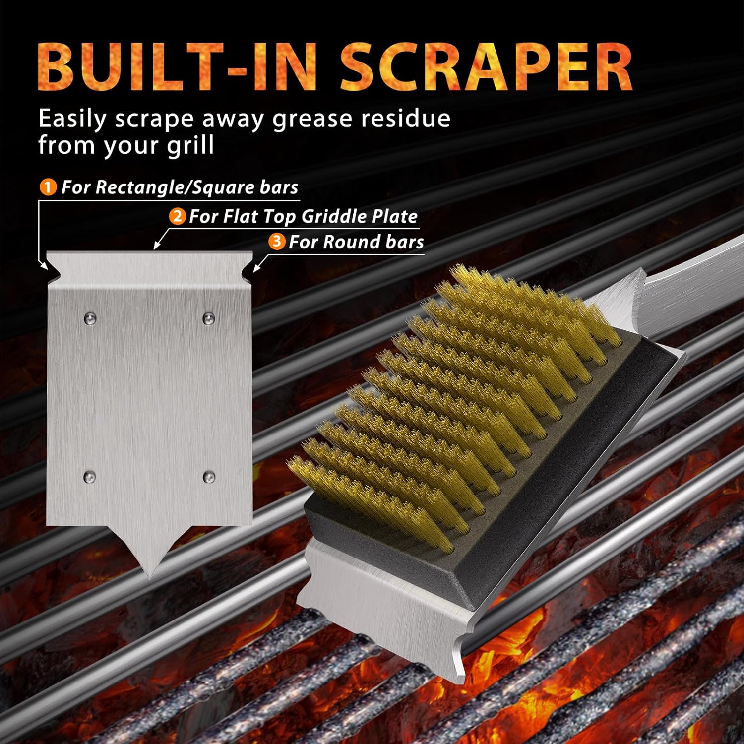 ENLOY Grill Brush and Scraper for Barbecue, 17" Grill Brush for Outdoor Grill, Extended Rosewood Handle and 2 Replaceable Copper Wire Brush Heads, Grill Cleaning Brush Grill Accessories for Most Grill