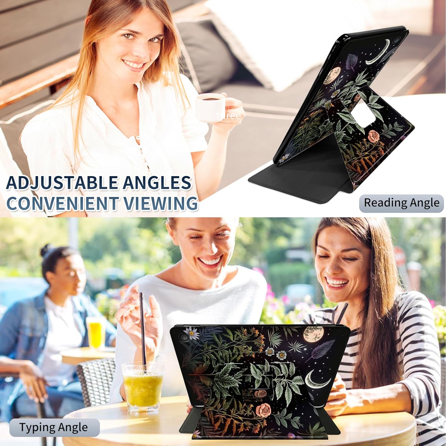 Case for 7” Kindle Paperwhite (12th Generation,2024) & Kindle Colorsoft Signature Edition 7 inch,360 Degree Rotating Anti Slip Slim Stand Smart Cover Case-Flowers Plants Moon Night