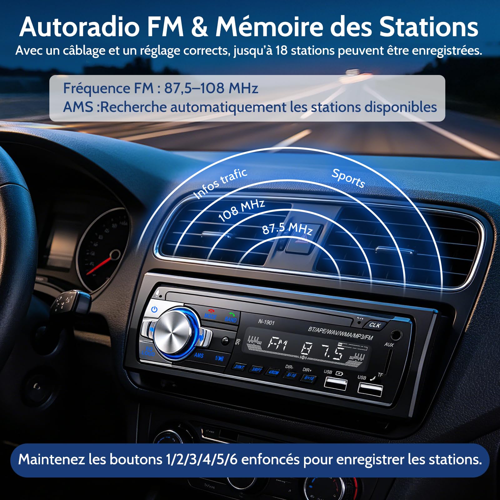 Autoradio Bluetooth, Wistrue FM Poste Radio Voiture Bluetooth avec 2 USB, Autoradio 1 Din Support AUX/SD/TF/MP3, Compatible avec iOS/Android