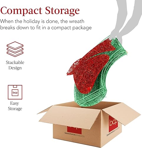 Miniatura 74 de Best Choice Products 48in Pre-Lit Outdoor Christmas Wreath Decoration, LED Metal Holiday Decor for Home w/ 140 Lights, Bow - Green/Red