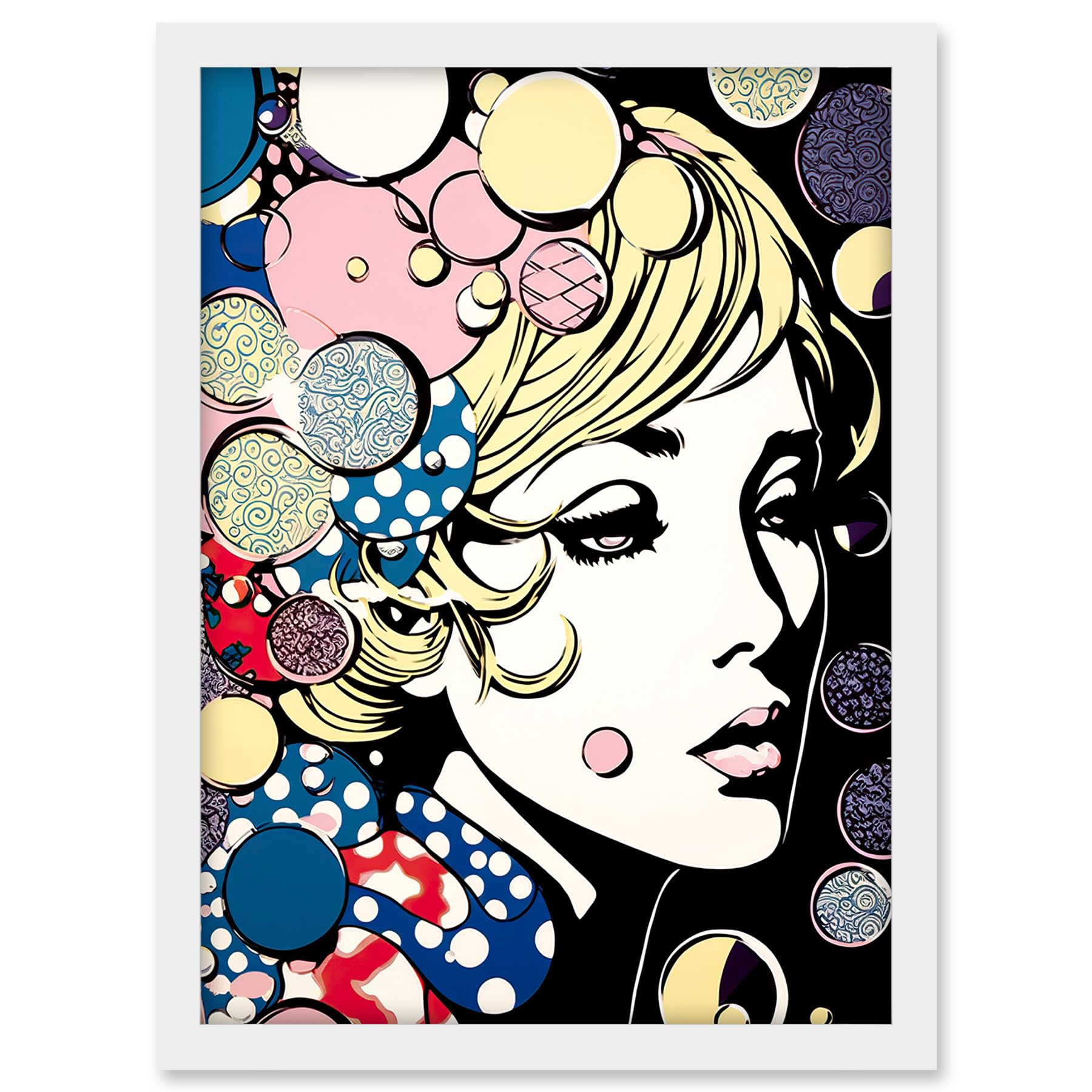 Artery8 Modern Woman Blonde Portrait Pop Art Bubbles Patterns Colourful Comic Book Halftone Artwork Framed A3 Wall Art Print
