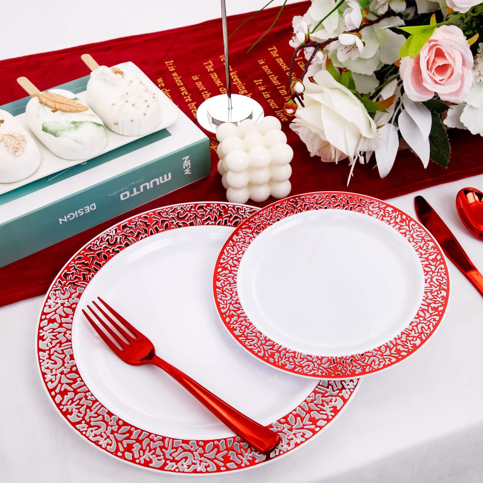 U-QE 150PCS Red Plastic Plates with Red Plastic Silverware, Red Disposable Plates for 30 Guests Include 30 Dinner Plates 10.25", 30 Salad Plates 7.5",30 Forks,30 Knives,30 Spoons Perfect for Party