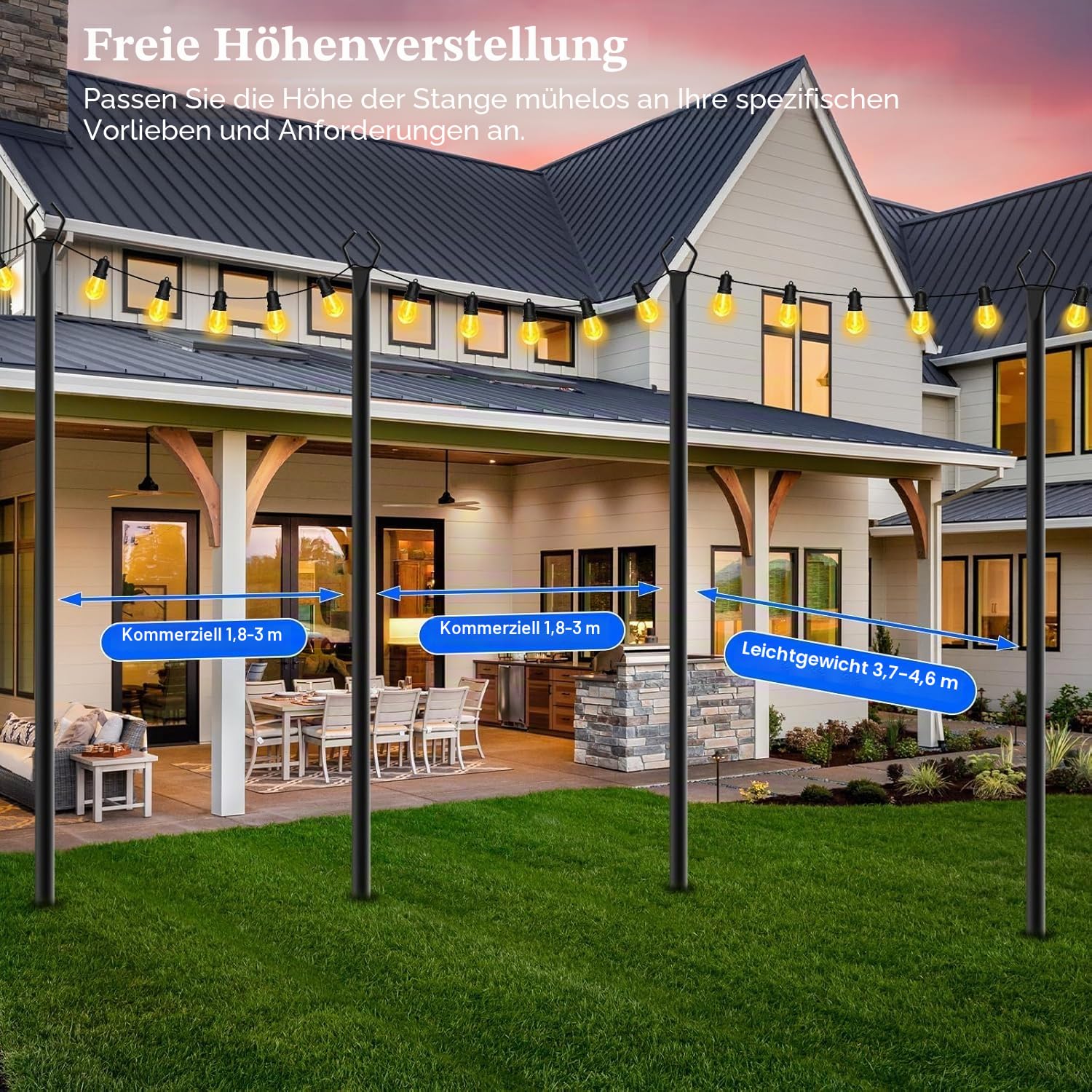 HoldOneLight 4 Pack String Light Poles,9.8 Ft Metallstangen mit Gabel für Outdoor String Lights,Outdoor Light Poles mit Gabel,Poles/Post/Stand für Draußen,Patio,Deck,Hinterhof,Garten Hochzeit(4 PACK)