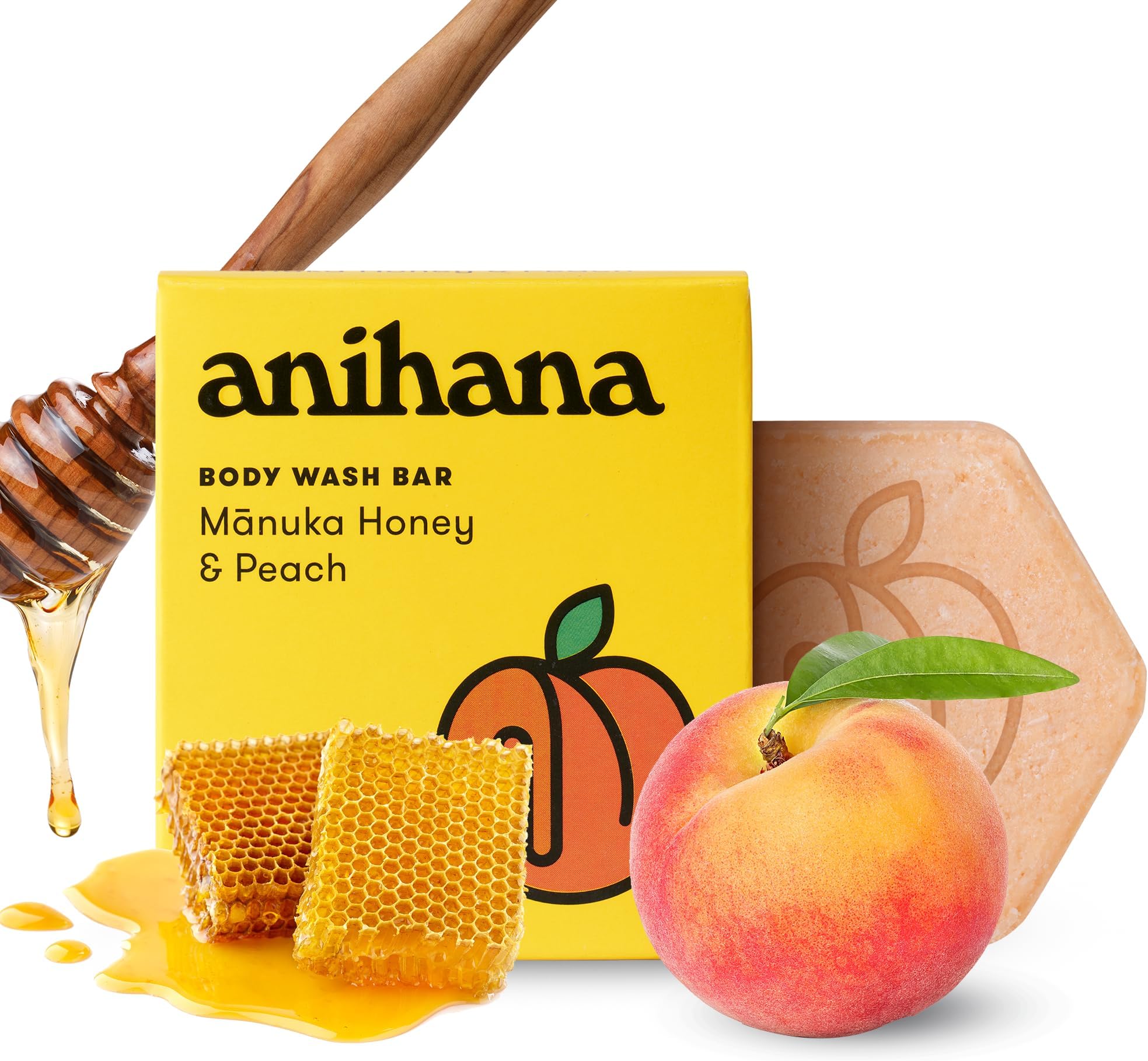 ANIHANA Body Wash Bar with Coconut Oil, Soap Free, Moisturizing, Gentle, Soft Skin Care, Refreshing Manuka Honey & Peach Scent 2.8 Oz