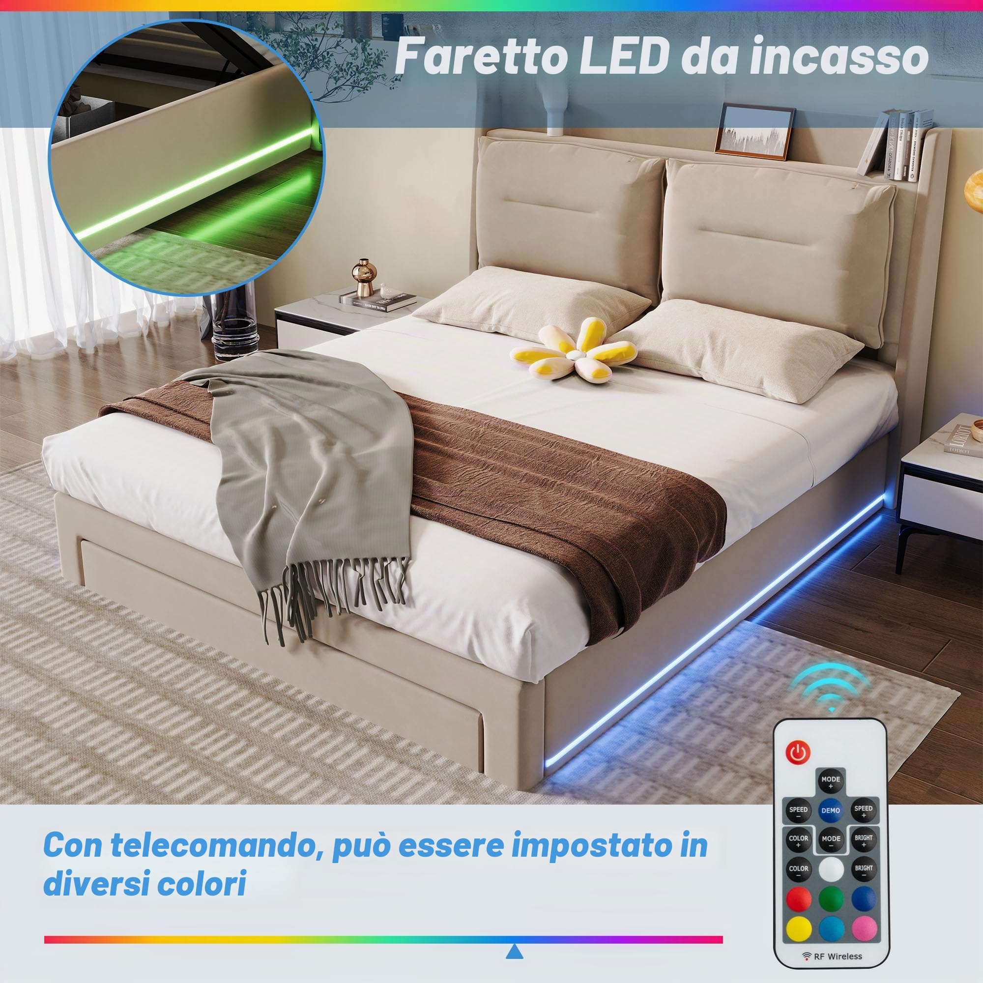 Letto 180x200 con LED e cassetti, letto imbottito 180 x 200 cm, con vano portaoggetti e testiera, letto matrimoniale con rete a doghe, letto giovanile idraulico in velluto, beige, senza materasso