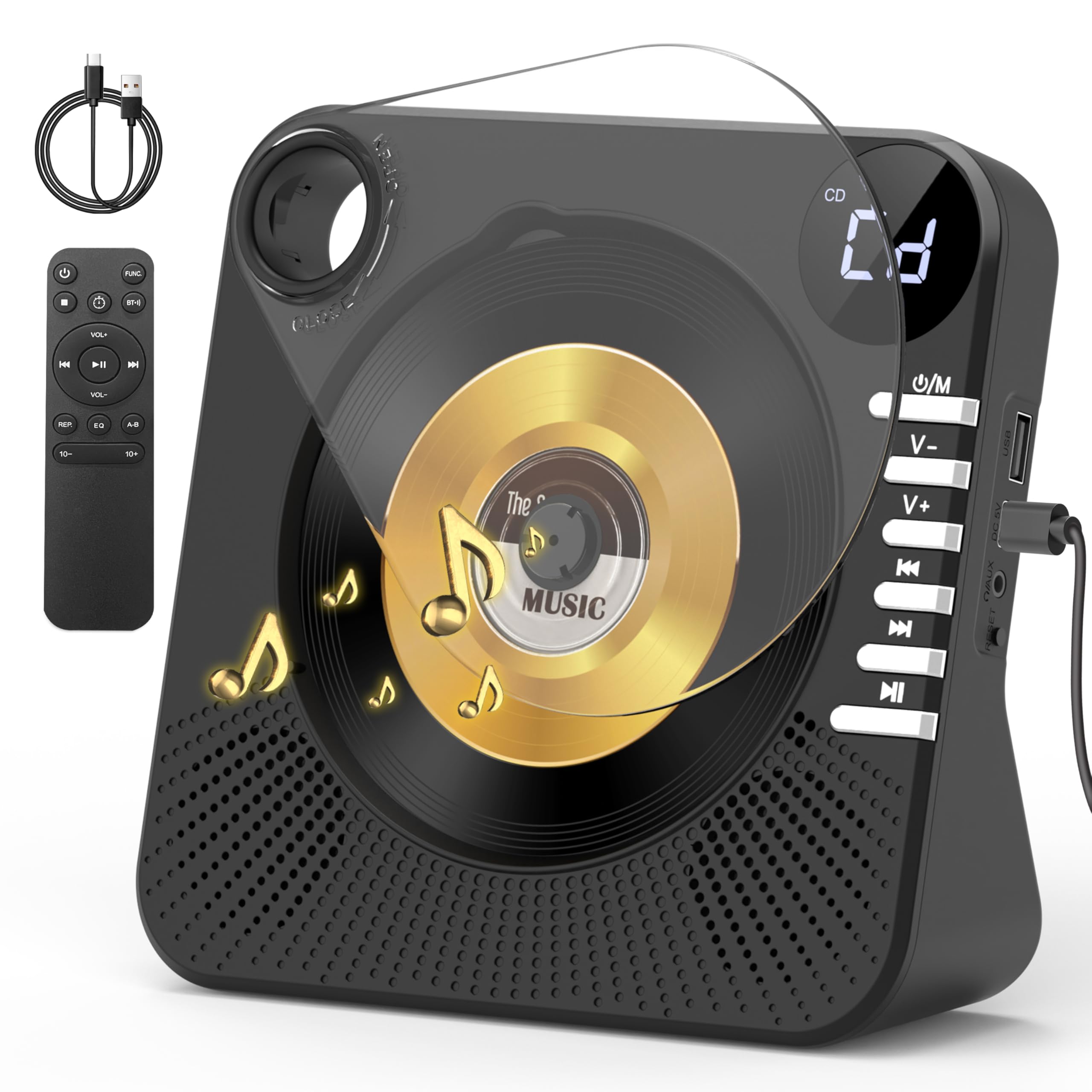 CD Player with HiFi Dual Speaker Bluetooth/USB/AUX Mode for Home Black | Desktop CD Player with Remote Control,Dust Cover,LCD Display,Sleep Timer,EQ Sound,A-B Repeat,Kids,Gift-image-2