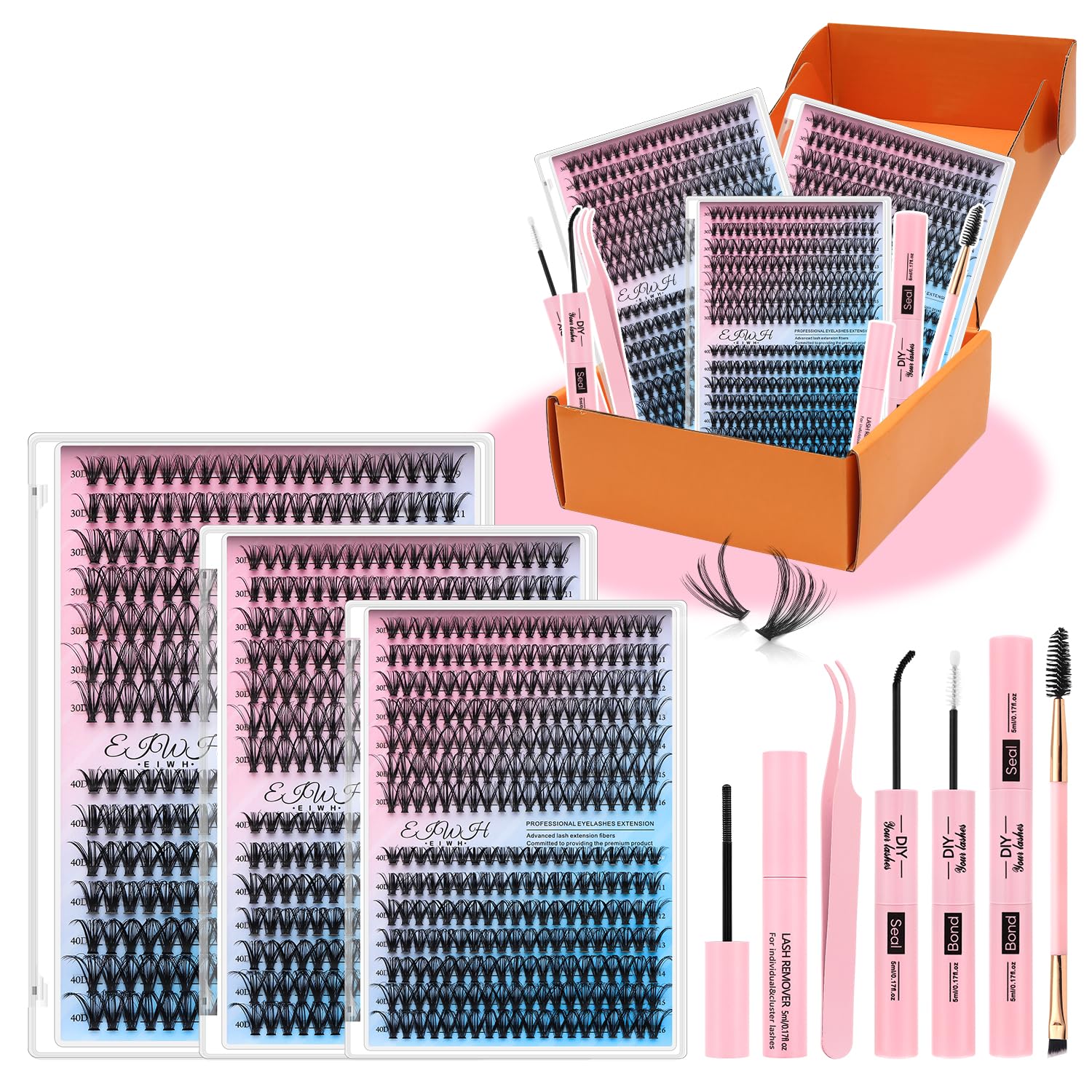 Lash Clusters Kit 840Pcs Clusters Lashes Extension Volume Soft Eyelash Extension Kit 30D+40D D Curl Wispy Natural DIY Individual Lash Kit Box for Beginners Bulk Pack Includes a random lucky gift