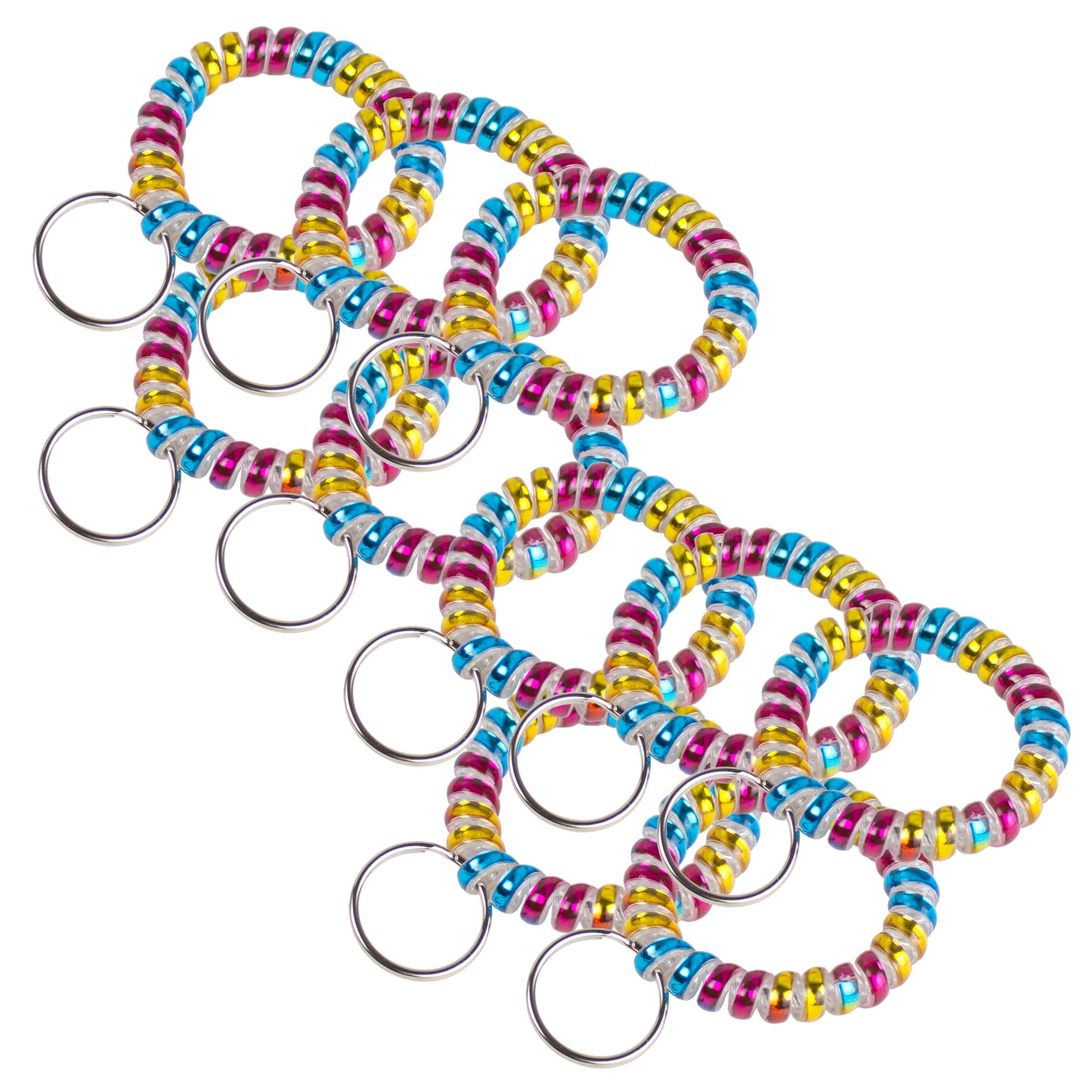 Lucky Line 2” Diameter Spiral Wrist Coil with Steel Key Ring, Flexible Wrist Band Key Chain Bracelet, Stretches to 12”, Rainbow, 10 Pack (41009)