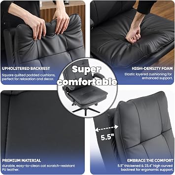 VINGLI Comfy Black Leather Office Desk Chair,Ergonomic High-Back Support Computer Gaming Chair with/No Wheels,Dual-Base,Adjustable Height,Flip-Up Arms,360 Swivel Rolling Task Chair for Home Office
