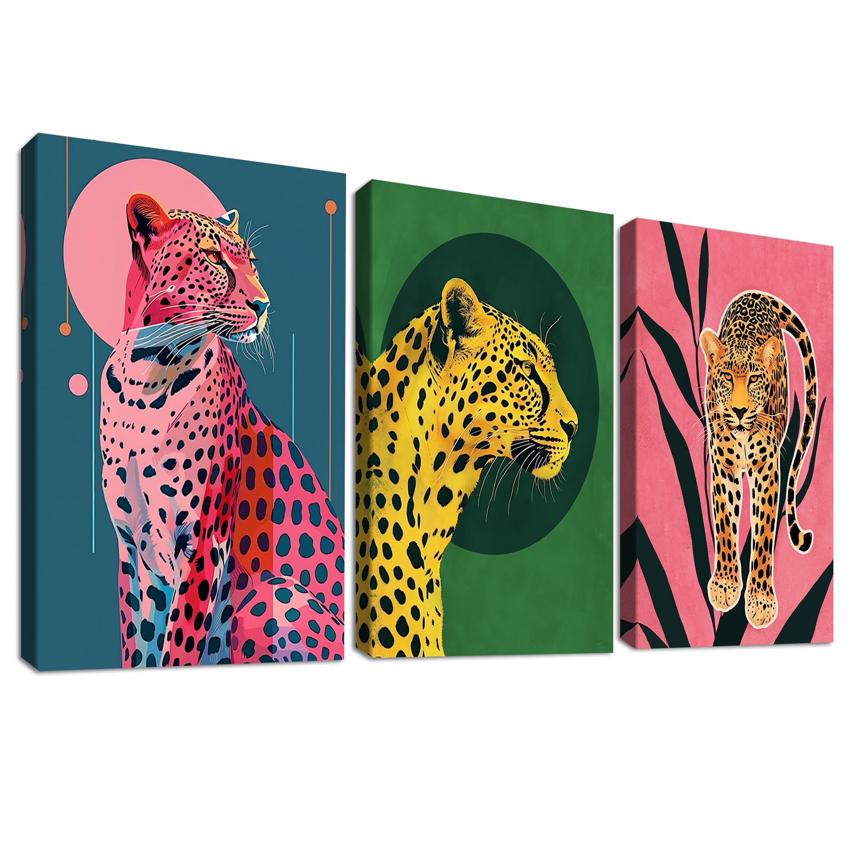 3 Pcs Rosa Amarillo Animal Leopardo Marco de madera Cuadro Moderno Círculo geométrico colorido Lienzo decorativos Pintura Imagen cuadros decoracion salon dormitorios baño Pasillo 30cmx40cmx3
