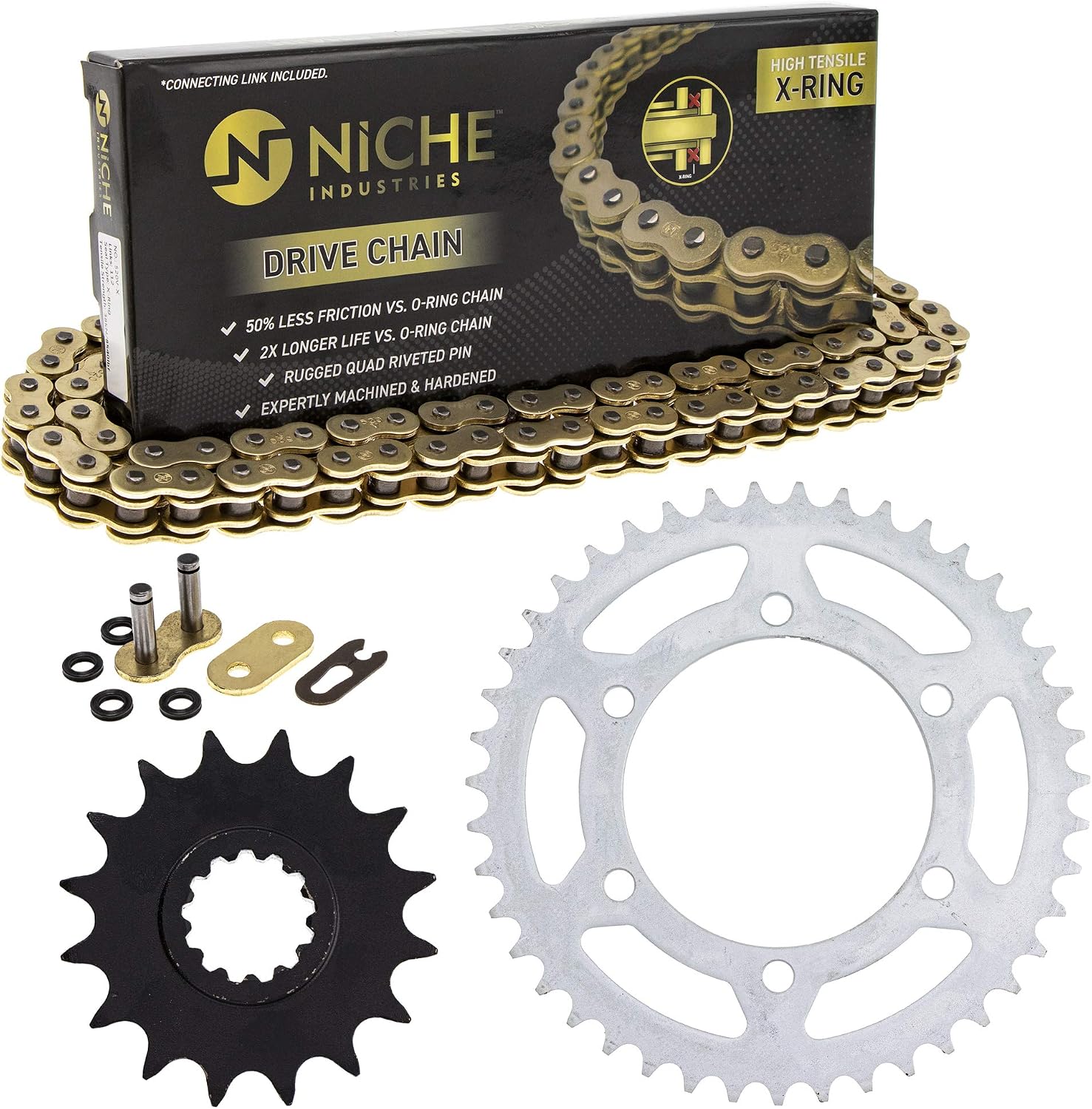 NICHE Drive Sprocket Chain Combo for Yamaha YFZ-R1 Front 16 Rear 43 Tooth 520V-X X-Ring 114 Links