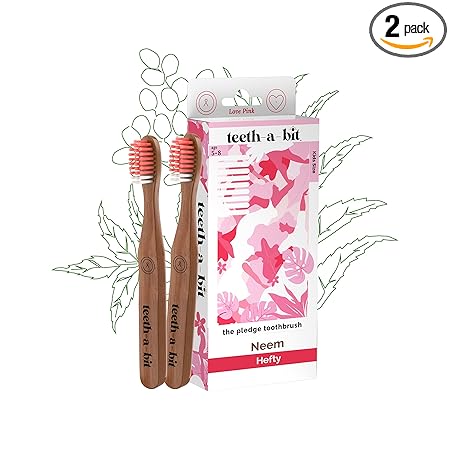 teeth-a-bit The Pledge Therapeutic Neem Toothbrush Kids (5-8 Years) Hefty Handle Gum Sensitive Soft Bristles Pack of 2 (Love Pink)