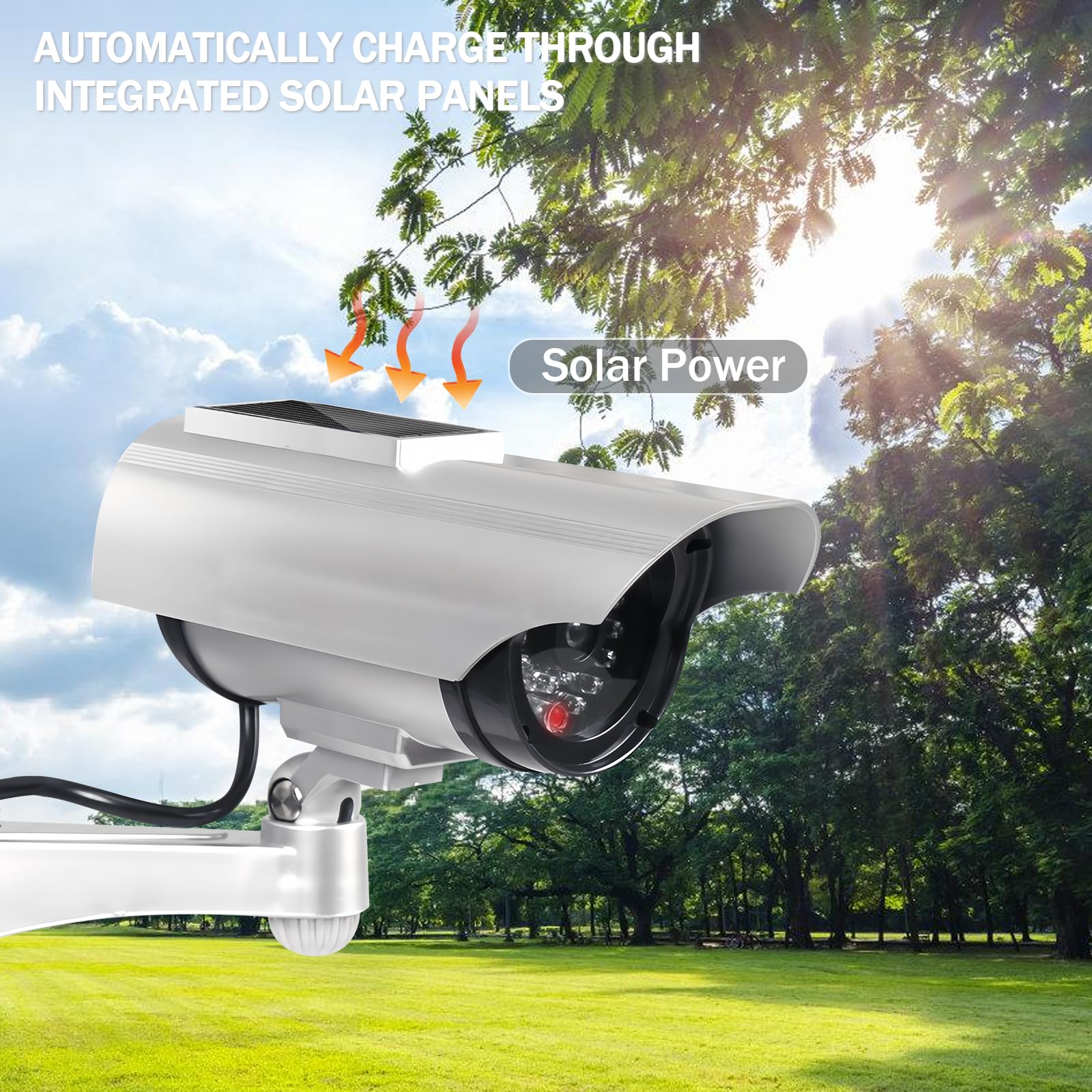 Lot de 2 caméras factices avec lampe solaire extérieure à LED, caméra factice extérieure solaire, fausse caméra de surveillance, pour jardin, ouverture de porte, couloir, caméra de sécurité
