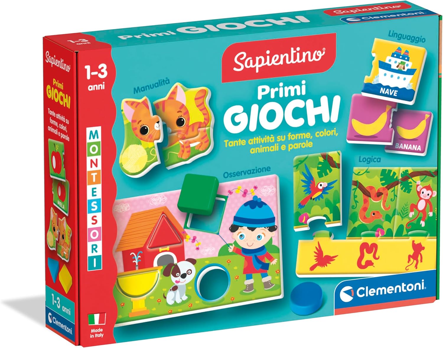 Clementoni Sapientino Montessori – First Games, Montessorian Method Educational Game Children 1-3 Years, with Many Activities on Shapes, Colours, Animals and Words, Made in Italy, Italian Language,