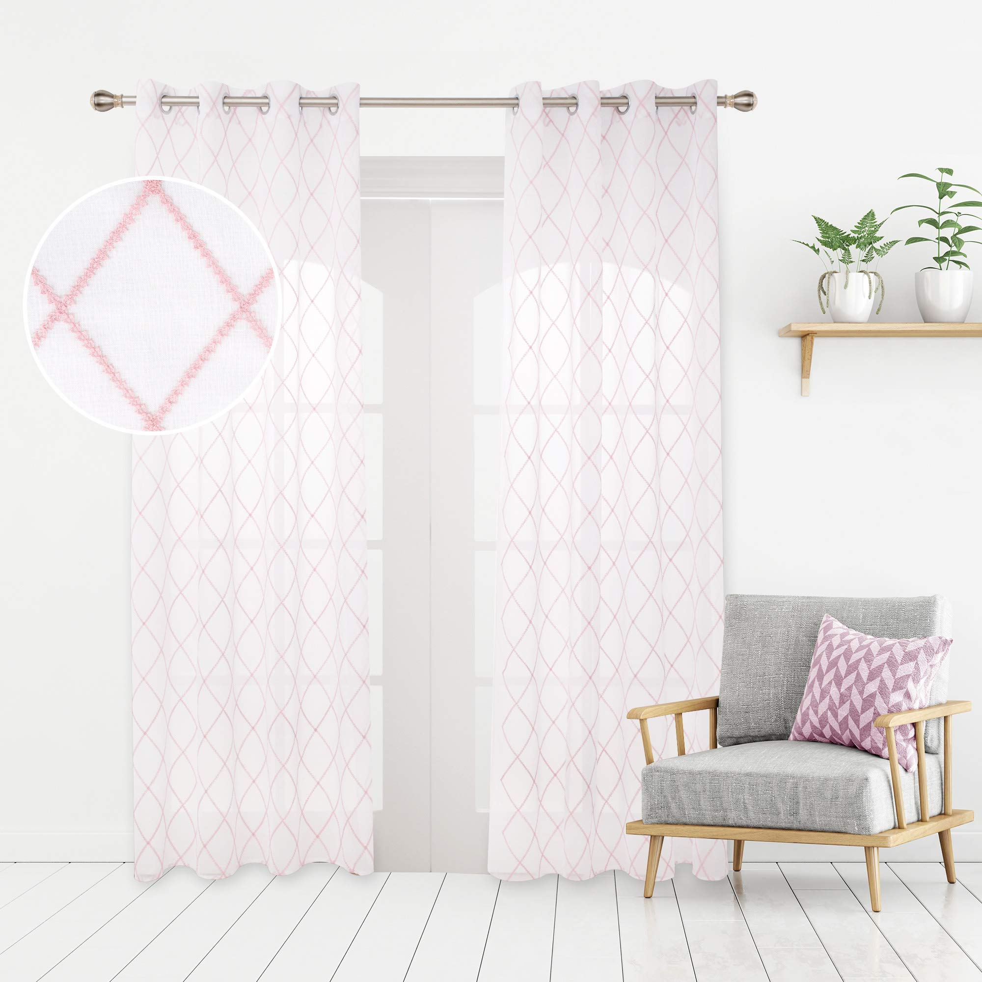 Deconovo Eyelet Faux Linen Net Curtains Embroidery Diamond Voile Curtains Super Soft Semi Sheer Curtains 55 x 114 Drop Inch Pink 1 Pair