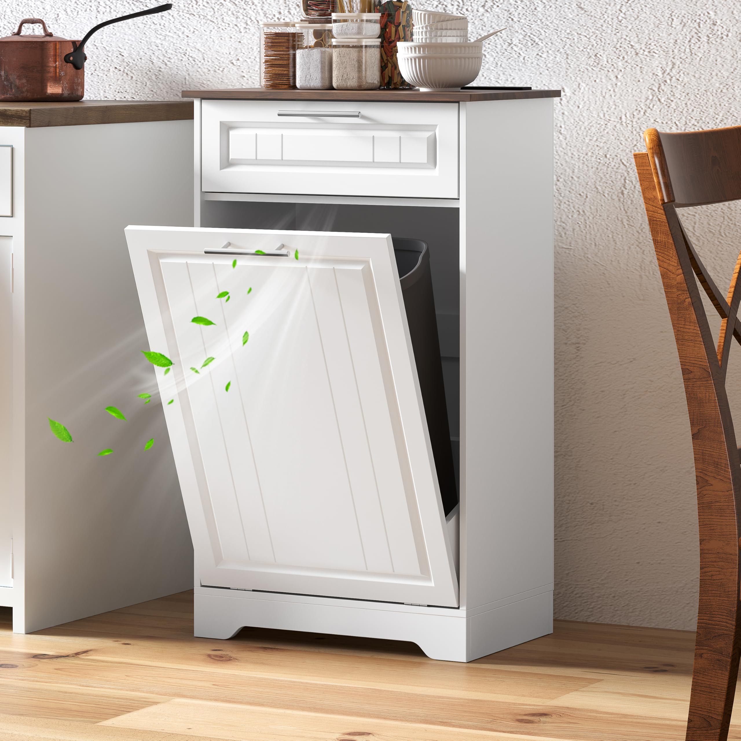 METOTI 10 Gallon Tilt Out Trash Can Cabinet with Deodorizing Function, Wooden Garbage Can Cabinet with Storage Drawer, Hidden Laundry Hamper Holder