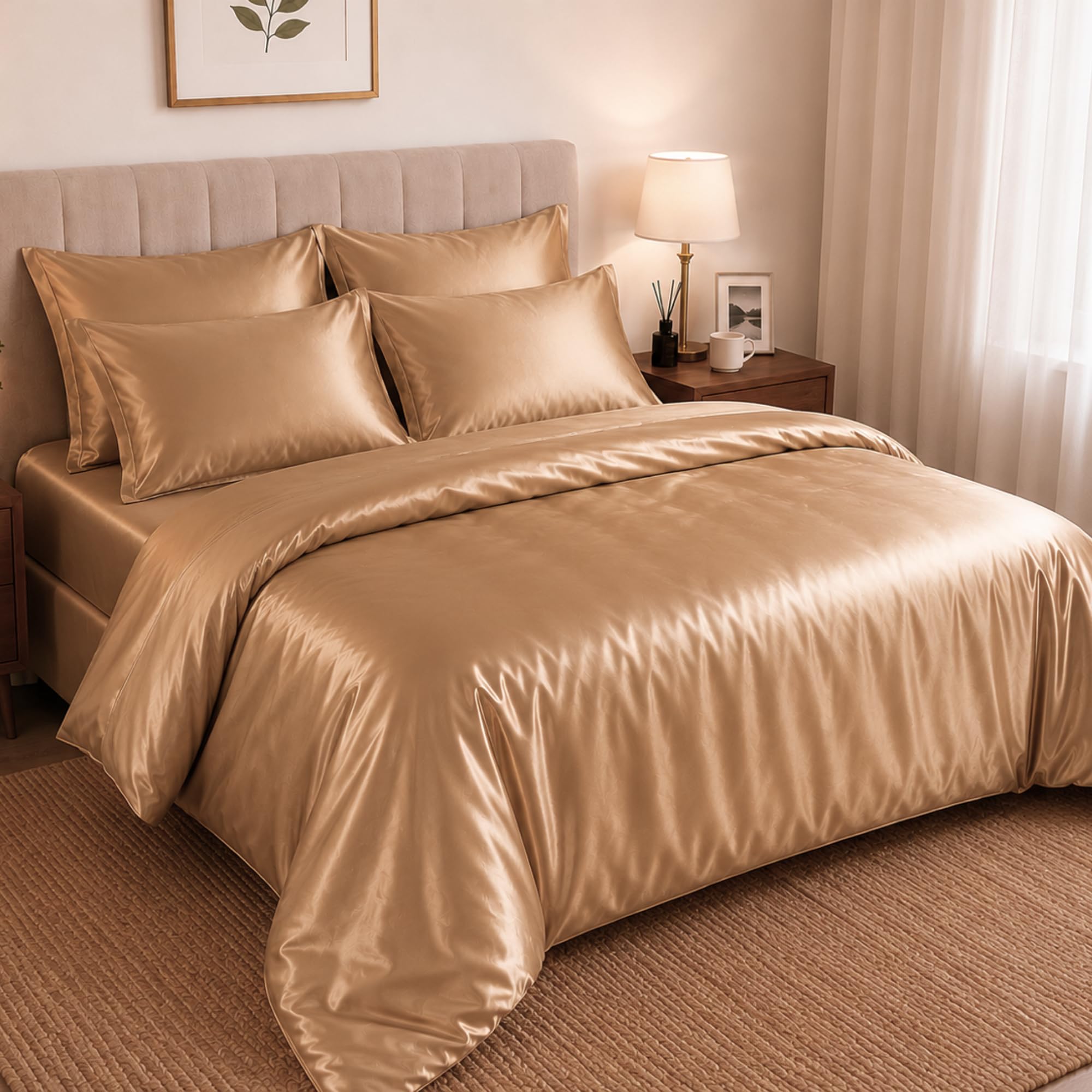 Hadi London Satin Silk 6 Piece Complete Bedding Set with Silky Deep Fitted Sheet Reversible Duvet Cover Comforter & 4 Pillowcases for Single Double King Super King Size Bed (Gold, Super King)