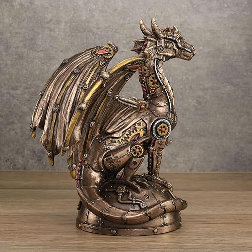 Miniatura 3 de Veronese Design Dragón mecánico Steampunk de 8 14 pulgadas sentado en la plataforma de resina fundida en frío acabado de bronce