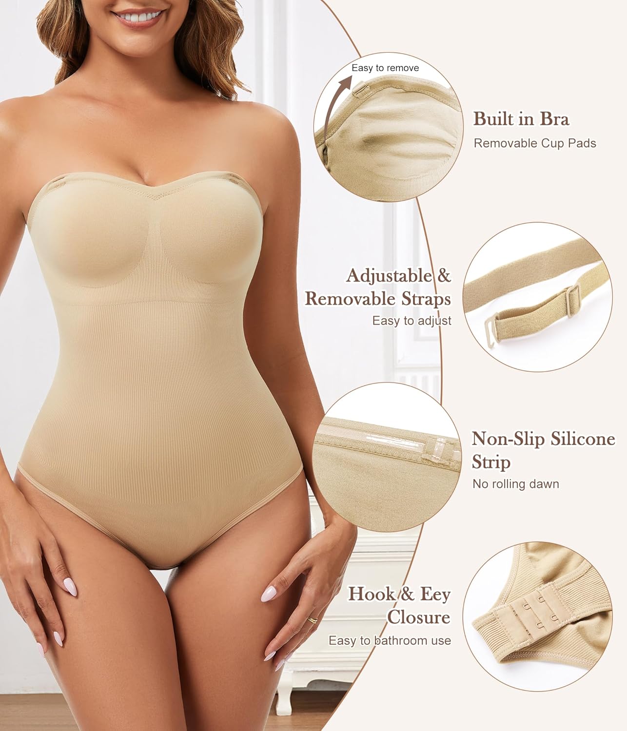 Strapless Shapewear for Women, Tummy Control Bodysuit with Removable Pads, Body Shaper Tube Top (Beige, Large) - Image 4