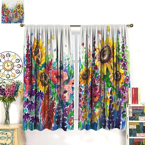 Cortinas florales de cocina, flores silvestres de estilo acuarela floral en el campo, flores coloridas para el hogar, cocina, restaurante,