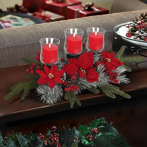 Miniatura 5 de Decoración de mesa de centro de mesa de Navidad, incluye 3 portavelas de cristal con flor de pascua artificial, bayas rojas y piñas nevadas para