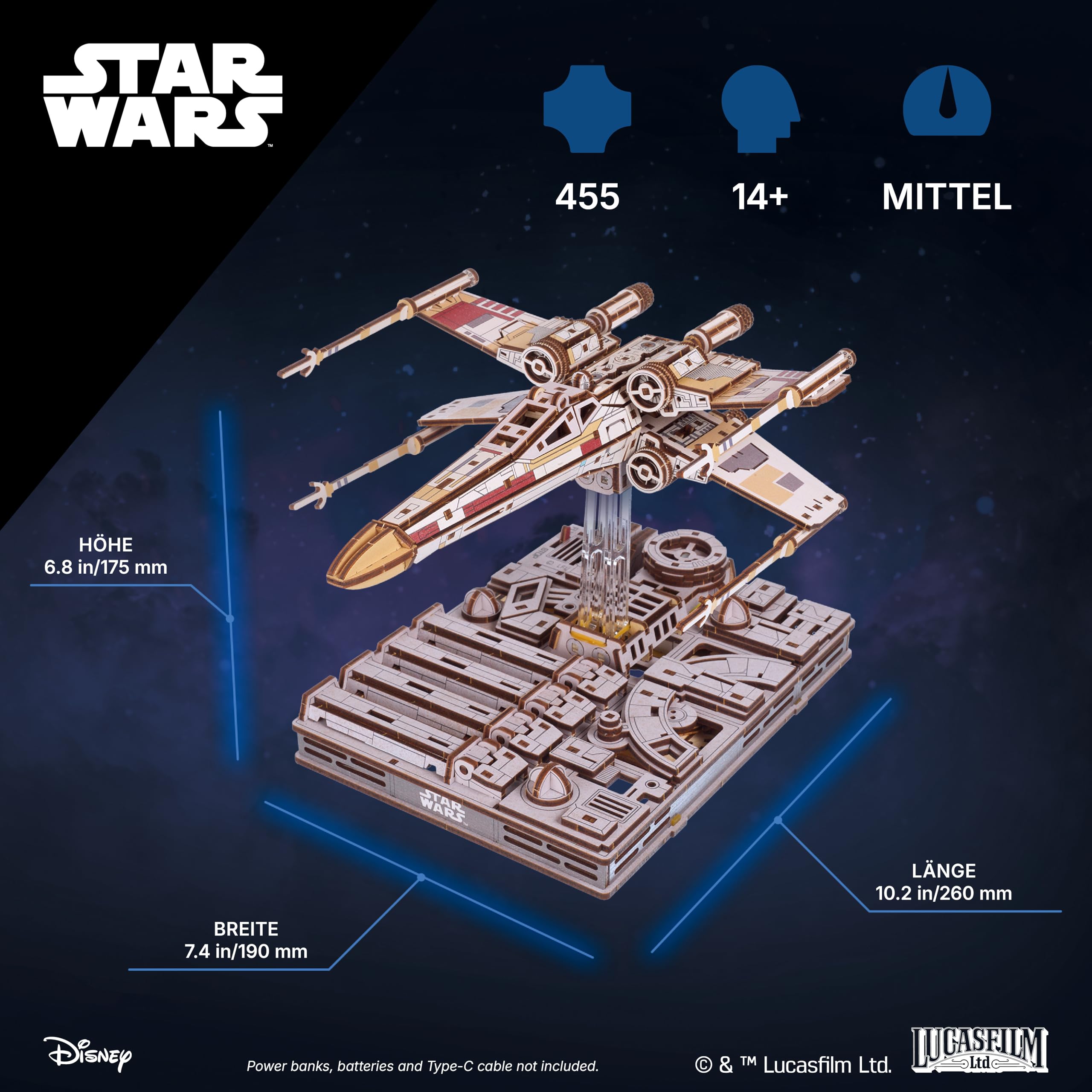 UGEARS Star Wars ™ X-Wing Starfighter von Luke Skywalker ™ – 3D Puzzle Holz Modellbausatz Erwachsene, Holzpuzzle Erwachsene 3D, Holz Modellbau Baukasten, Star Wars Geschenk 3D Puzzle Weihnachten